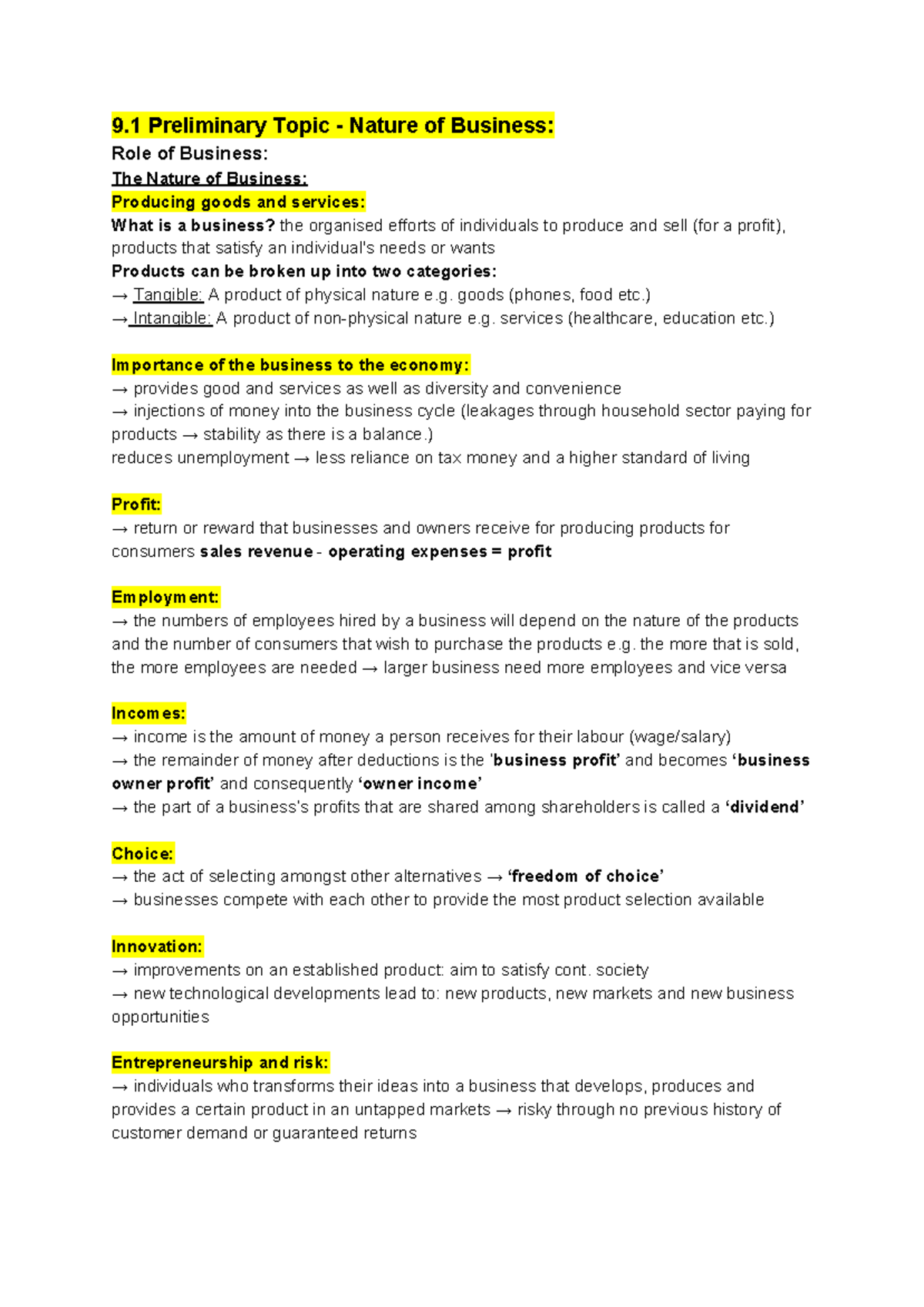 Entire Syllabus notes - business - 9 Preliminary Topic - Nature of ...