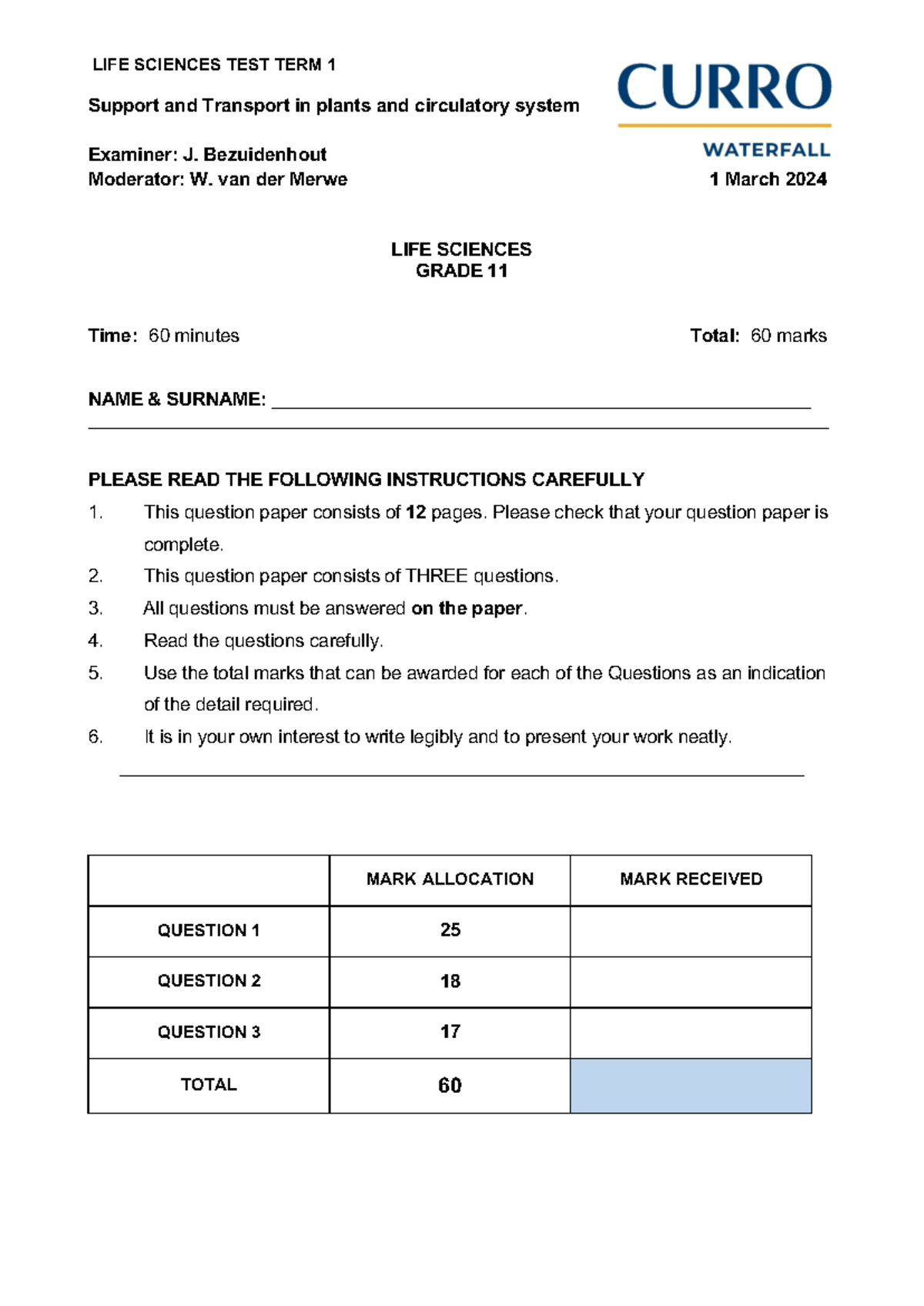 Gr 11 Life Sciences Term 1 Test 2024: Support & Transport in Organisms ...