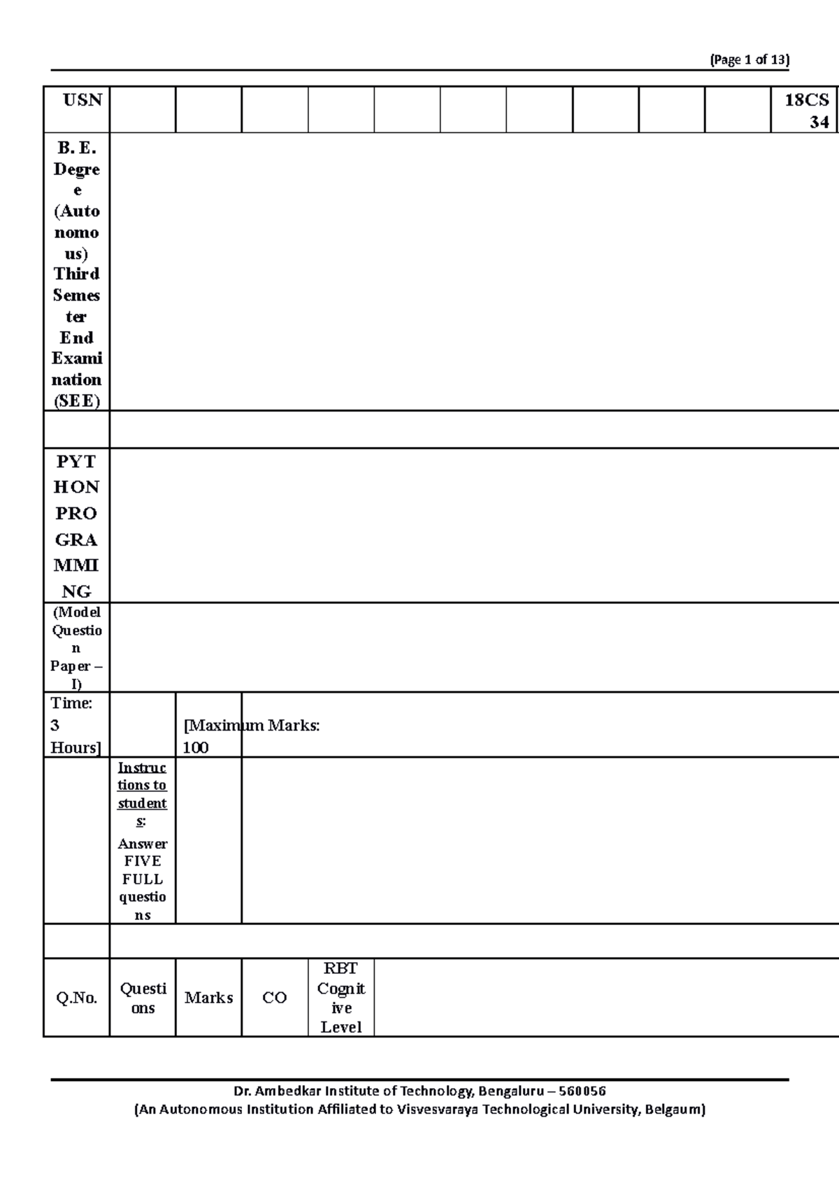 Python PYTHON Programming Model Question Paper - I (SEE) - Studocu