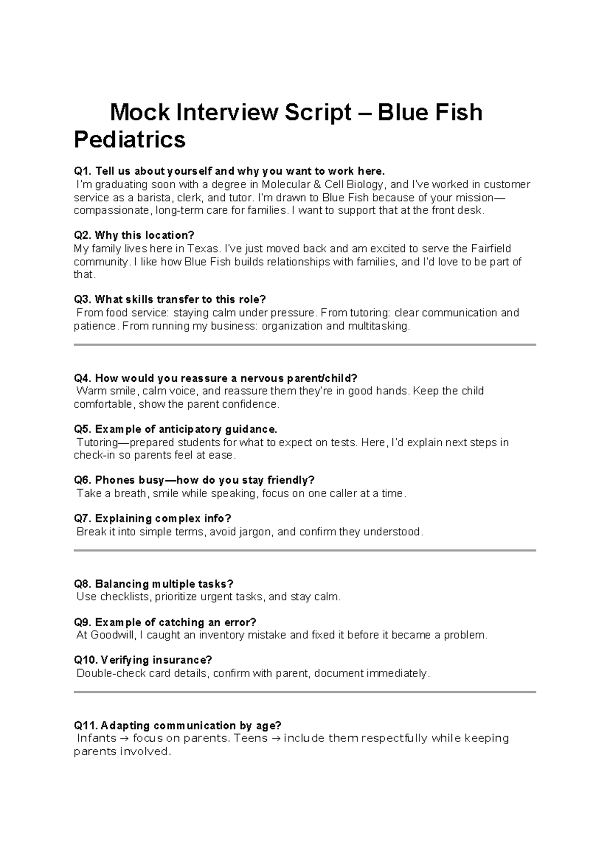 Mock Interview Script for Blue Fish Pediatrics - Q&A Guide - Studocu