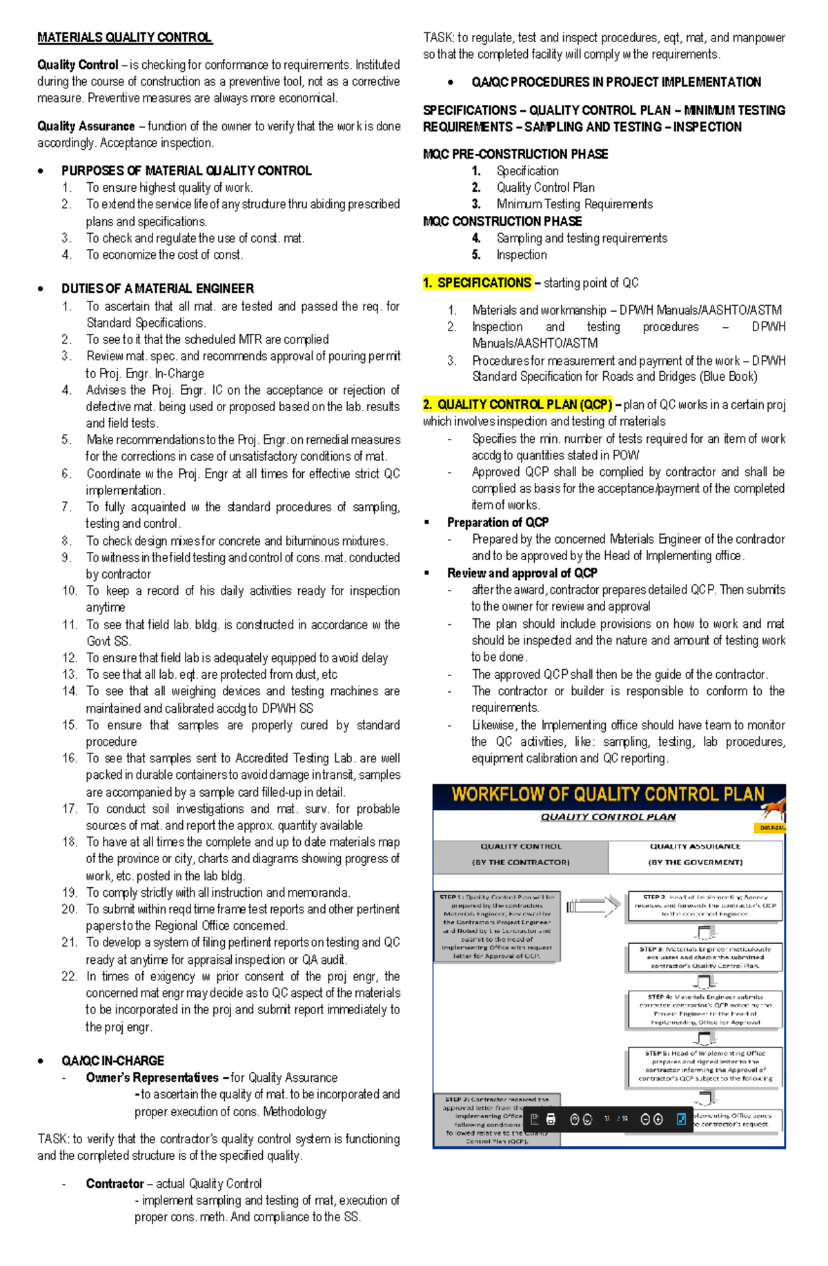 QC Summary for Material Quality Control in Construction Projects - Studocu