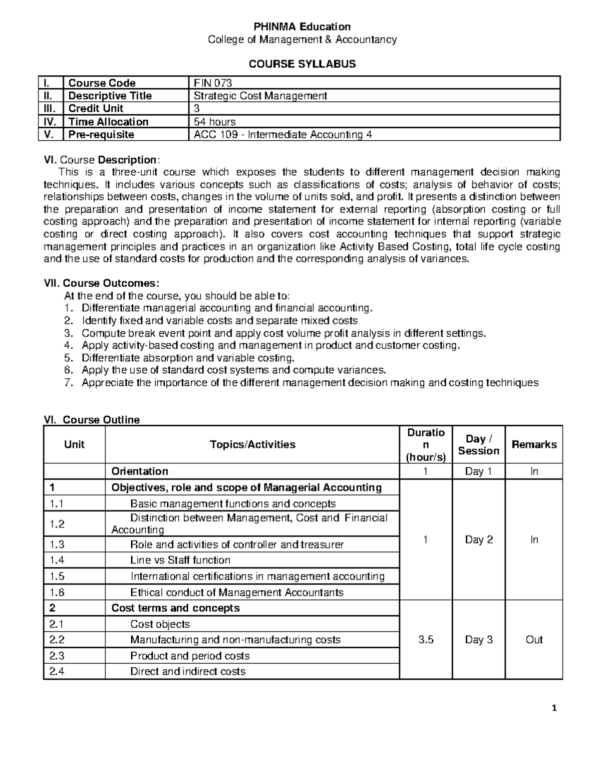 FIN 073: Strategic Cost Management Course Syllabus and Student Activity ...