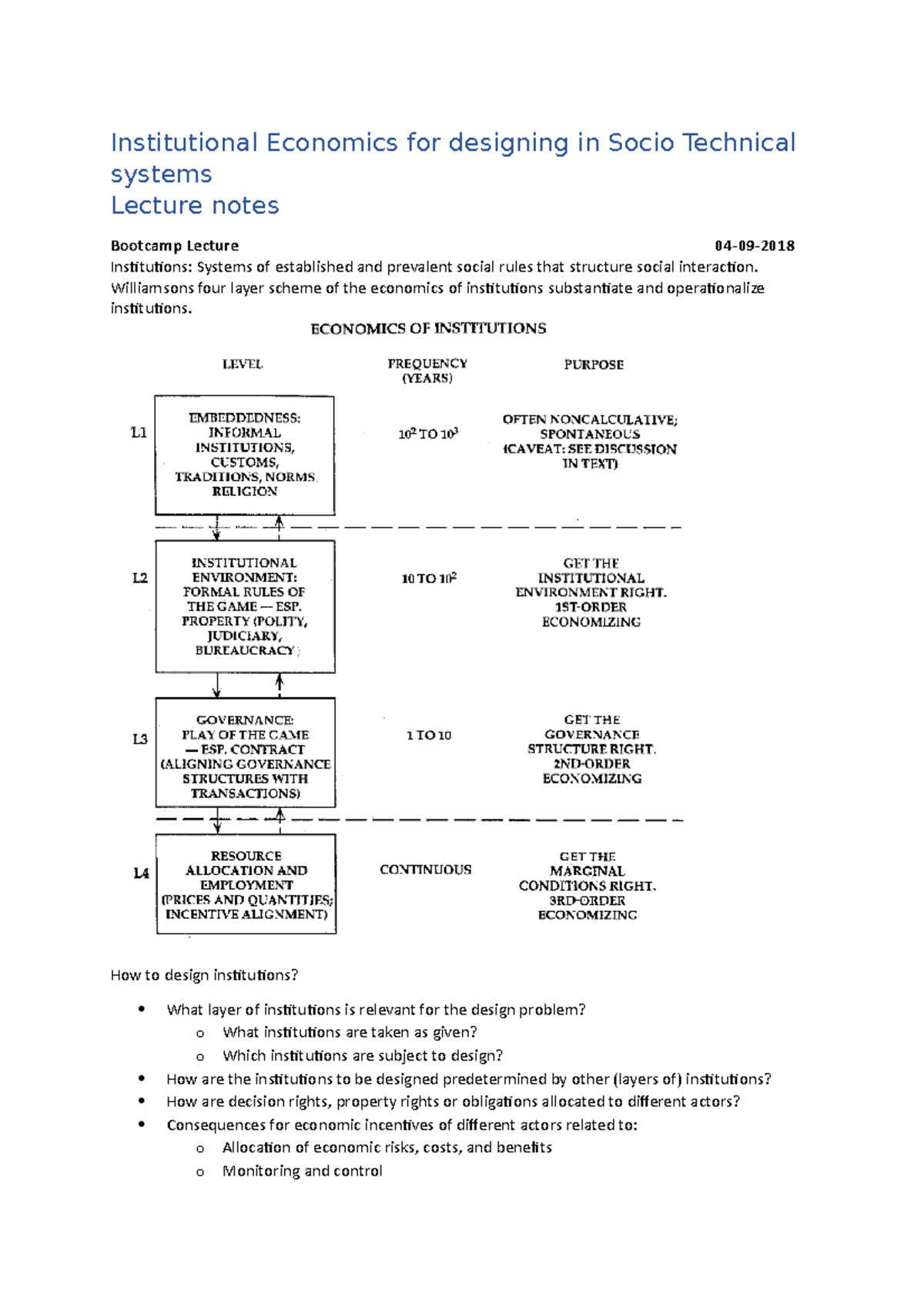 Lecture Notes - Institutional Economics (Bootcamp, 2018) - Studeersnel