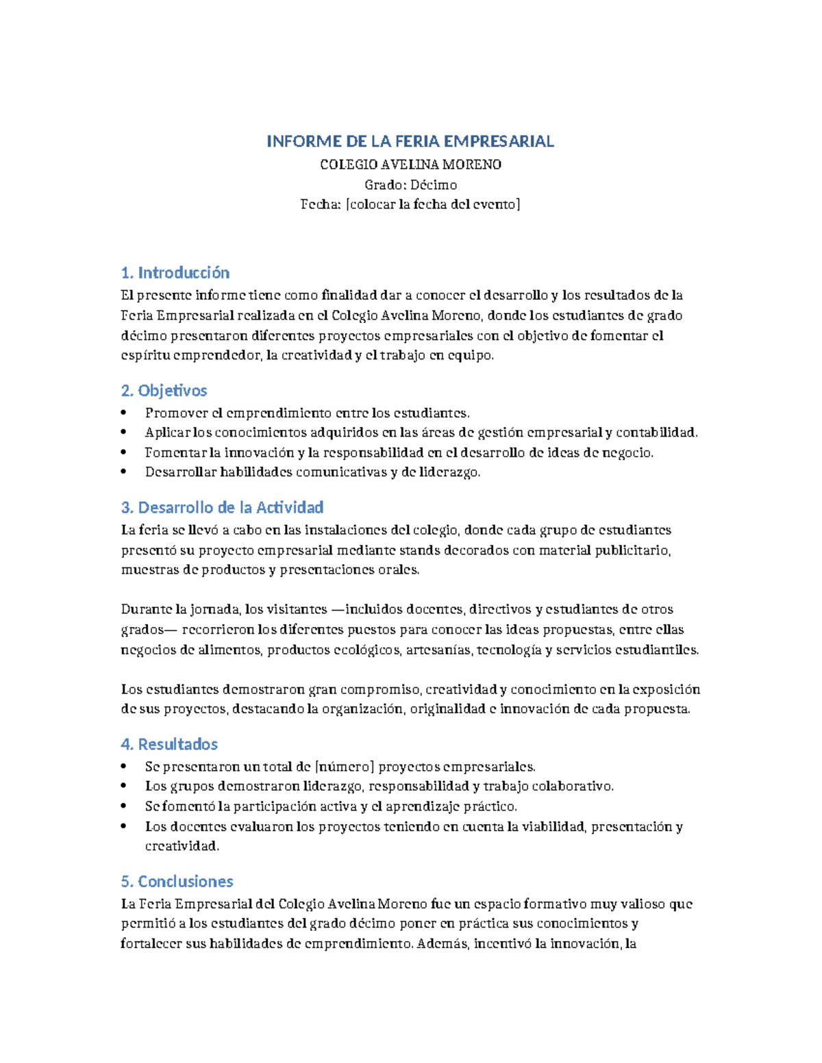 Informe de la Feria Empresarial - Colegio Avelina Moreno Grado 10 - Studocu