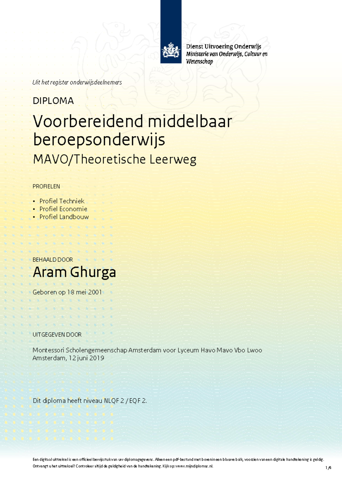 MBO Diploma en Cijferlijst voor MAVO en Profiel Techniek/Economie ...
