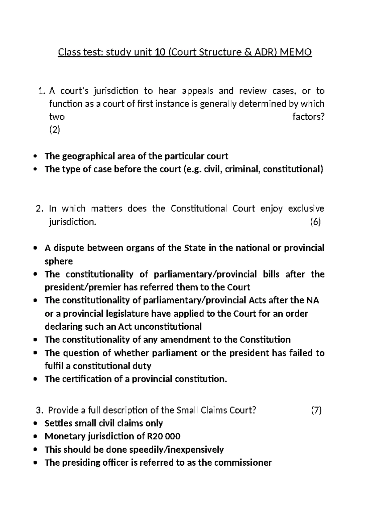 Class Test 4: Unit 10 - Court Structure & ADR Overview - Studocu