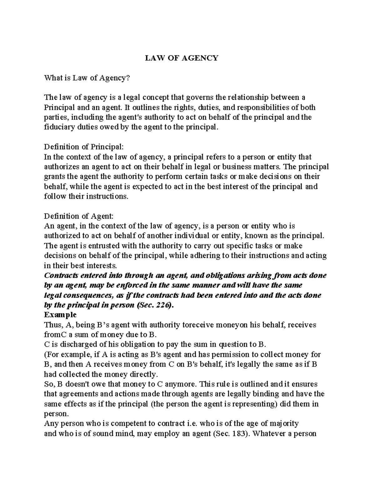 LAW OF AGENCY: Key Concepts and Principles Explained - Studocu
