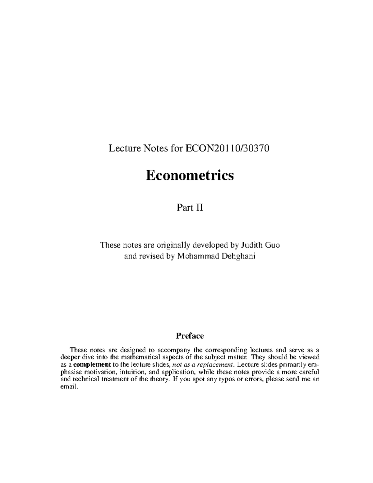 Econometrics Lecture Notes II: Statistical Inference & Model Fit - Studocu