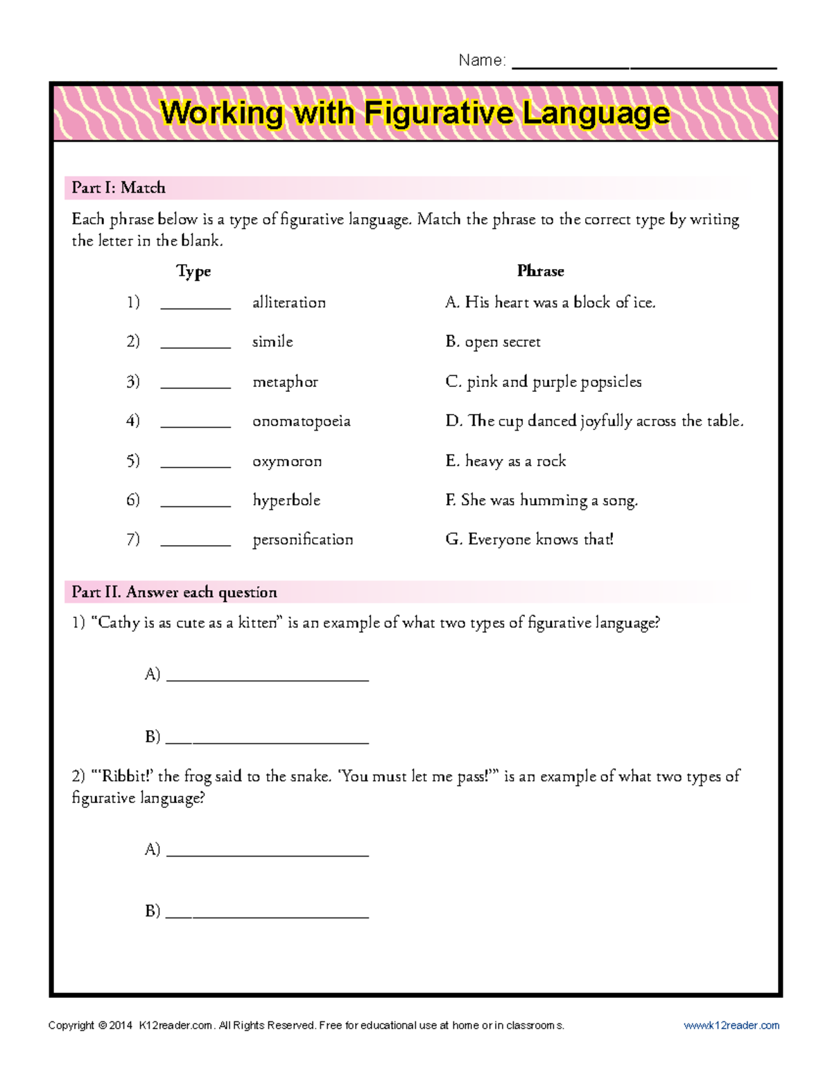Figurative Language Practice Worksheet: Types & Examples - Studocu
