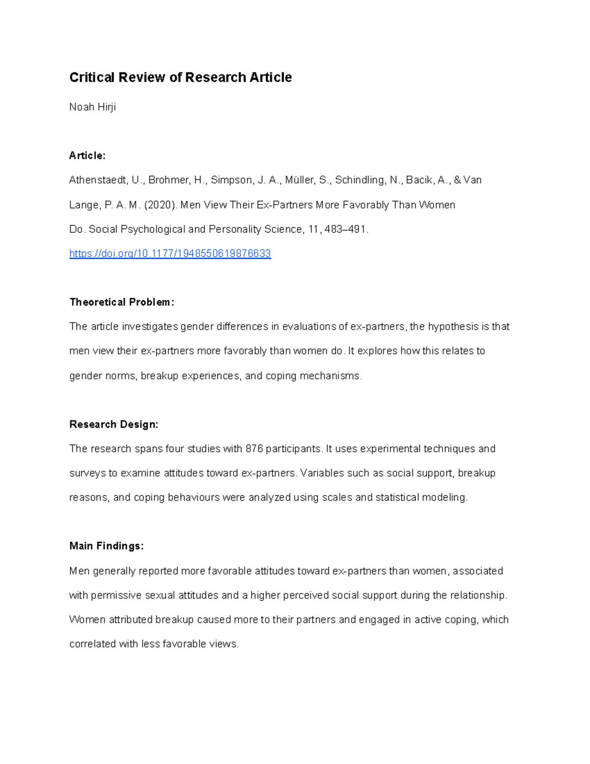 Critical Review of Research Article - Noah Hirji - Critical Review of ...