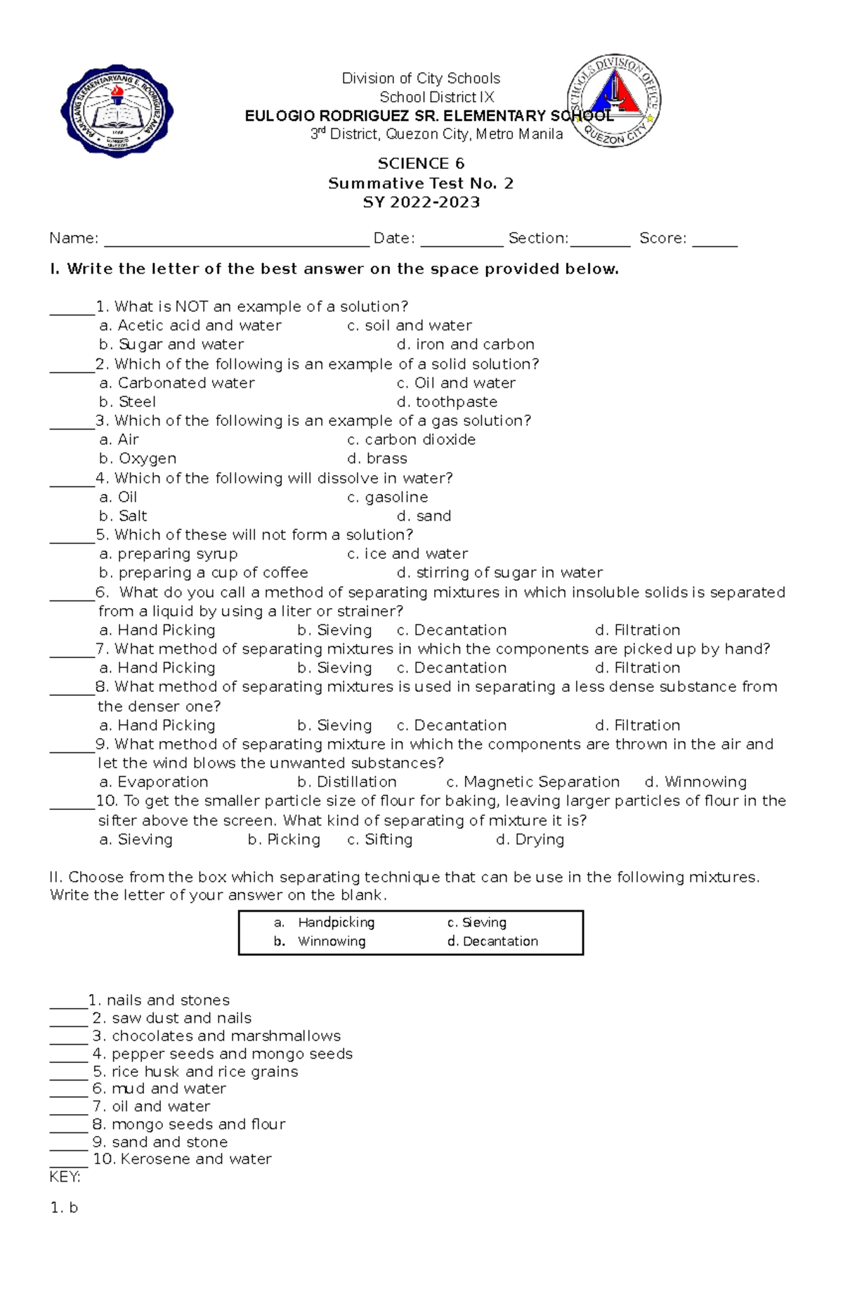 Science ST2 Q1 - summative - SCIENCE 6 Summative Test No. 2 SY 2022 ...