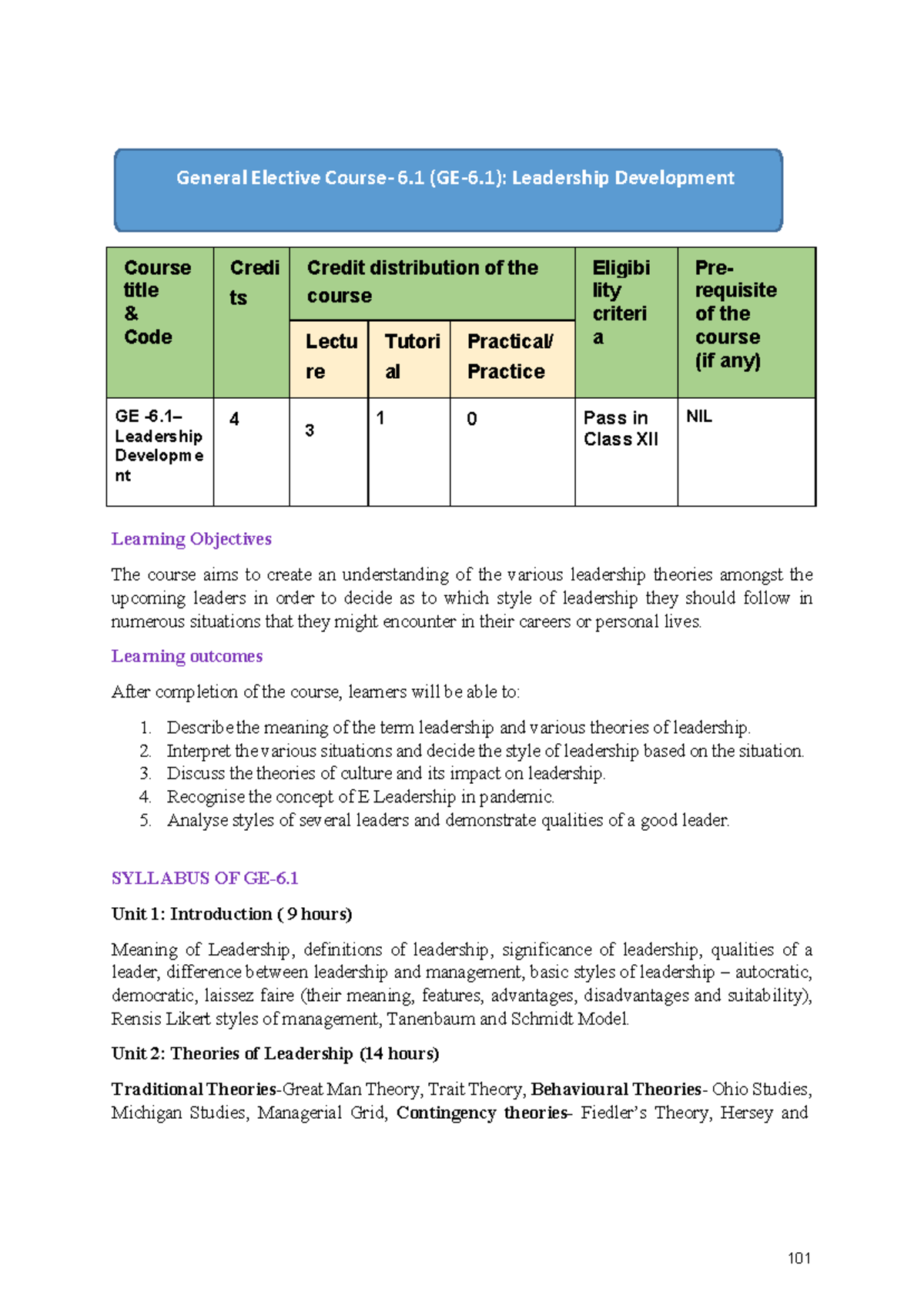 GE 6.1 Leadership Development Course Syllabus and Learning Outcomes ...