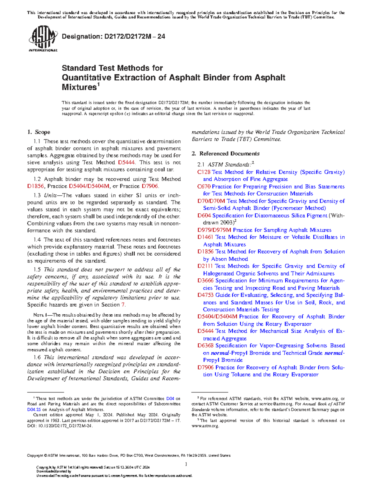 ASTM D2172-24 Standard Test Methods for Asphalt Binder Extraction - Studocu