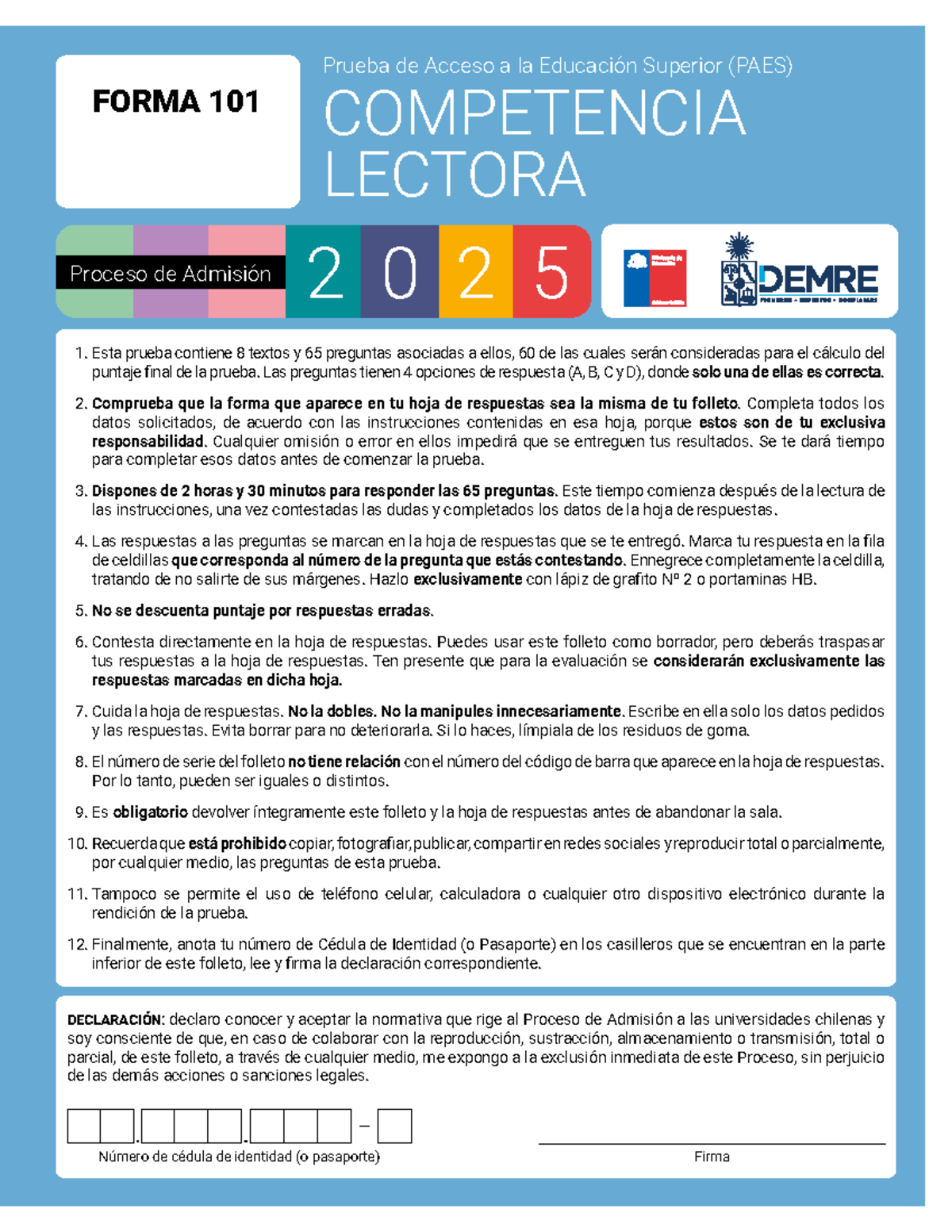 Prueba de Competencia Lectora PAES 2025 - Instrucciones y Ejercicios ...