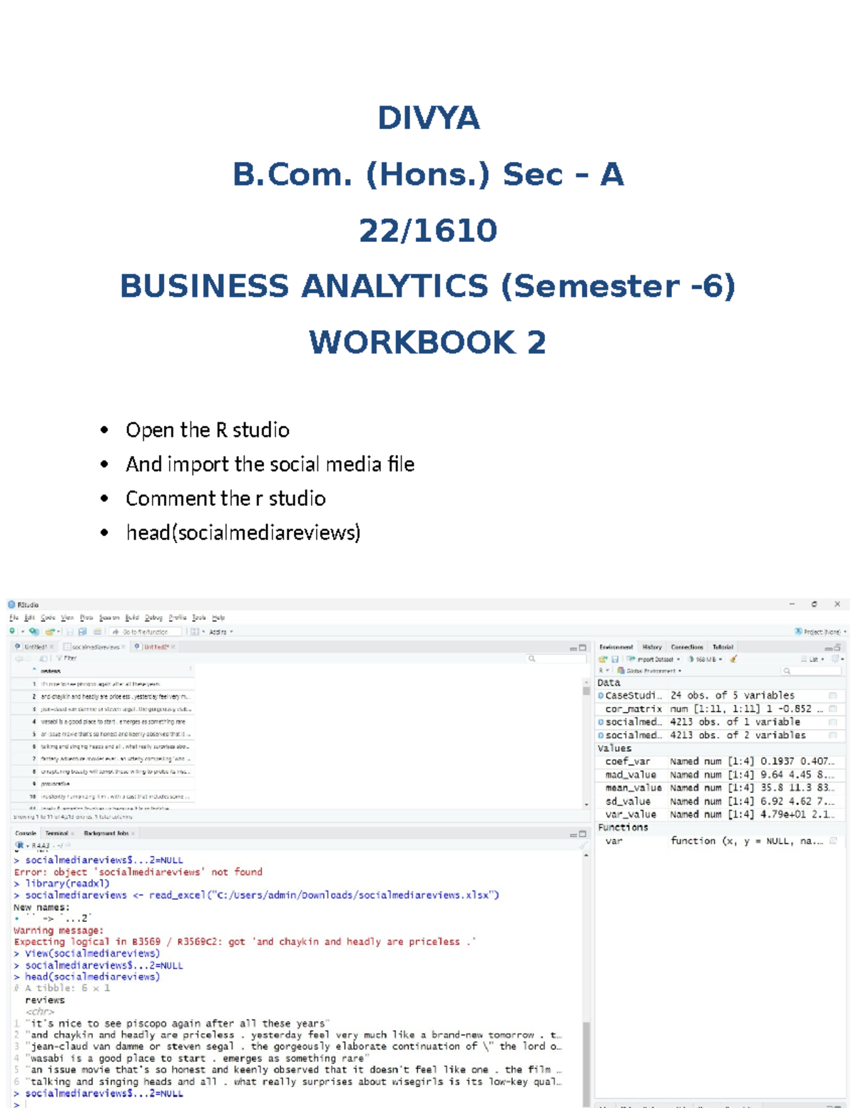 B.Com. (Hons.) Sec A Business Analytics Workbook 2: R Studio Guide ...
