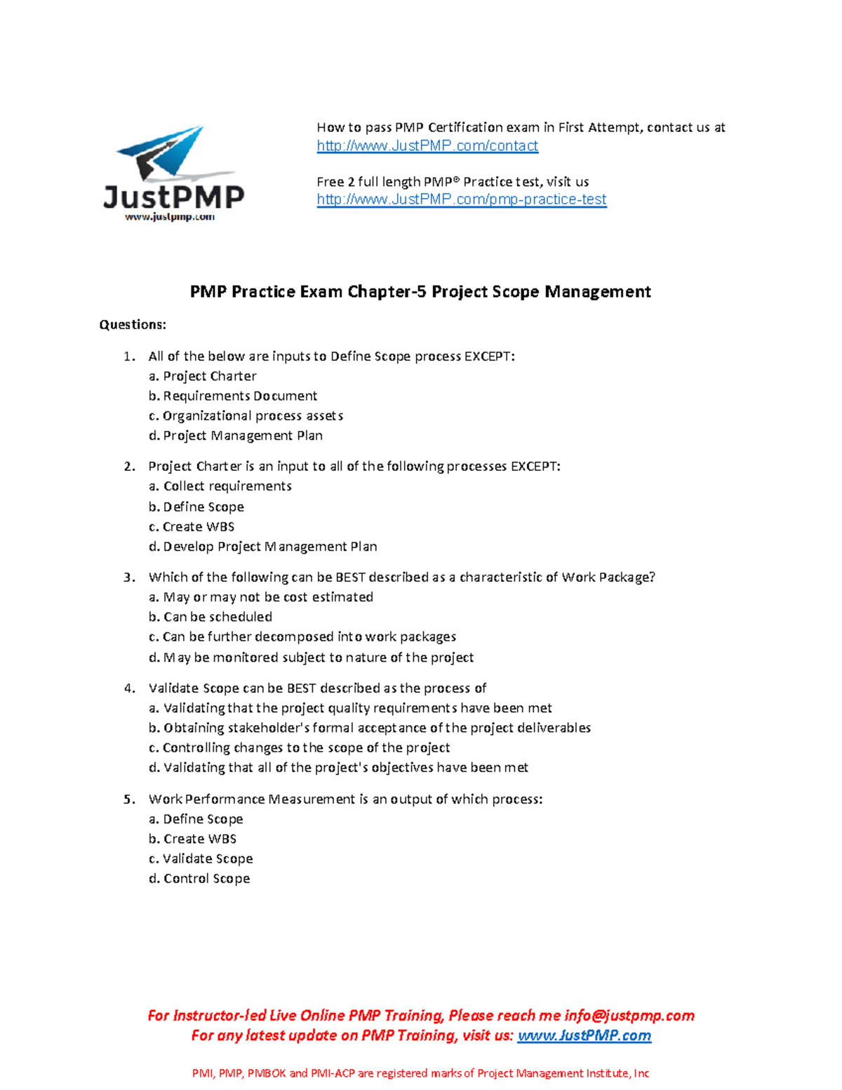 PMP Chapter 5 Exam: Project Scope Management Practice Questions - Studocu