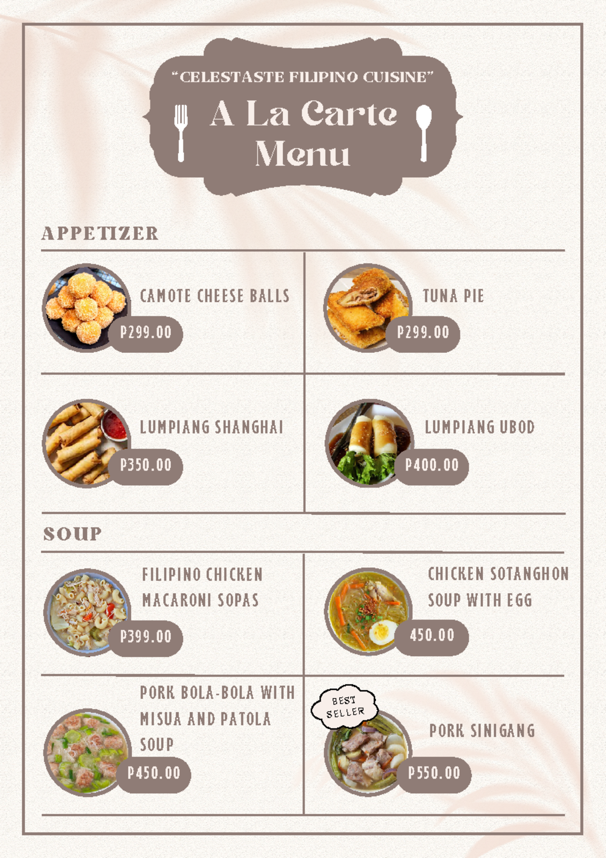 Copy of MENU Planning - APPETIZER A La Carte Menu P299. CAMOTE CHEESE ...