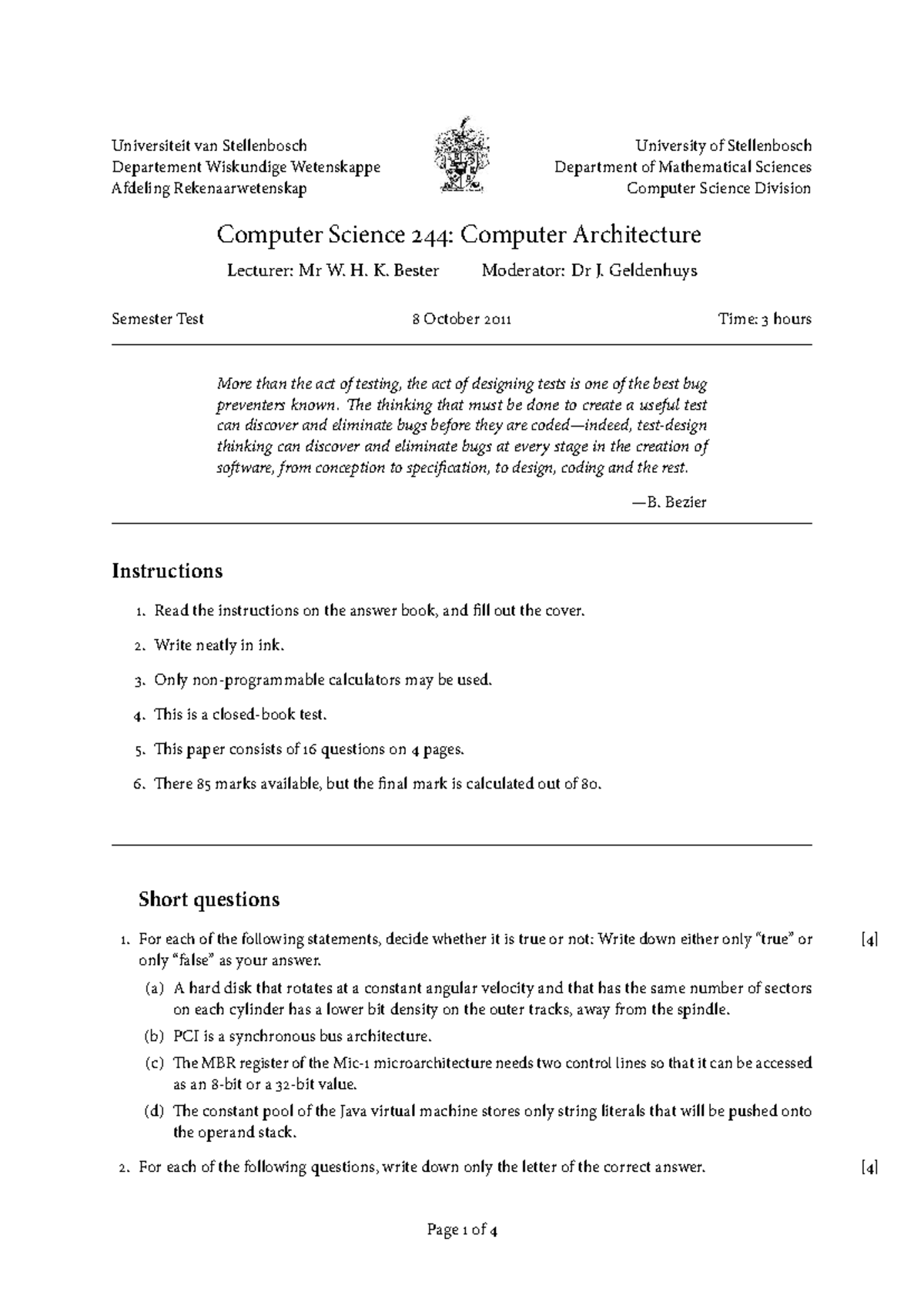 Rw244 2011 Semester Test: Computer Architecture Exam Questions - Studocu