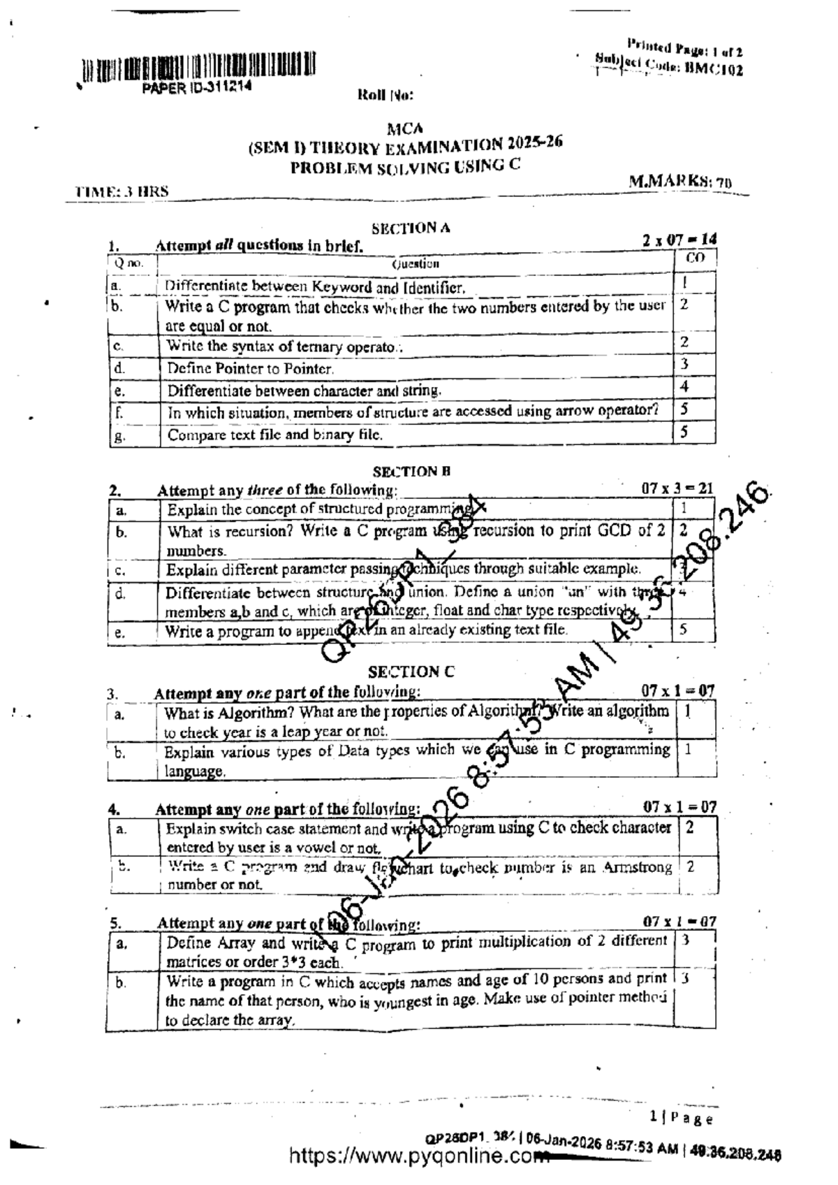 MCA SEM I Final Exam: Problem Solving Using C (BMC102) - Studocu