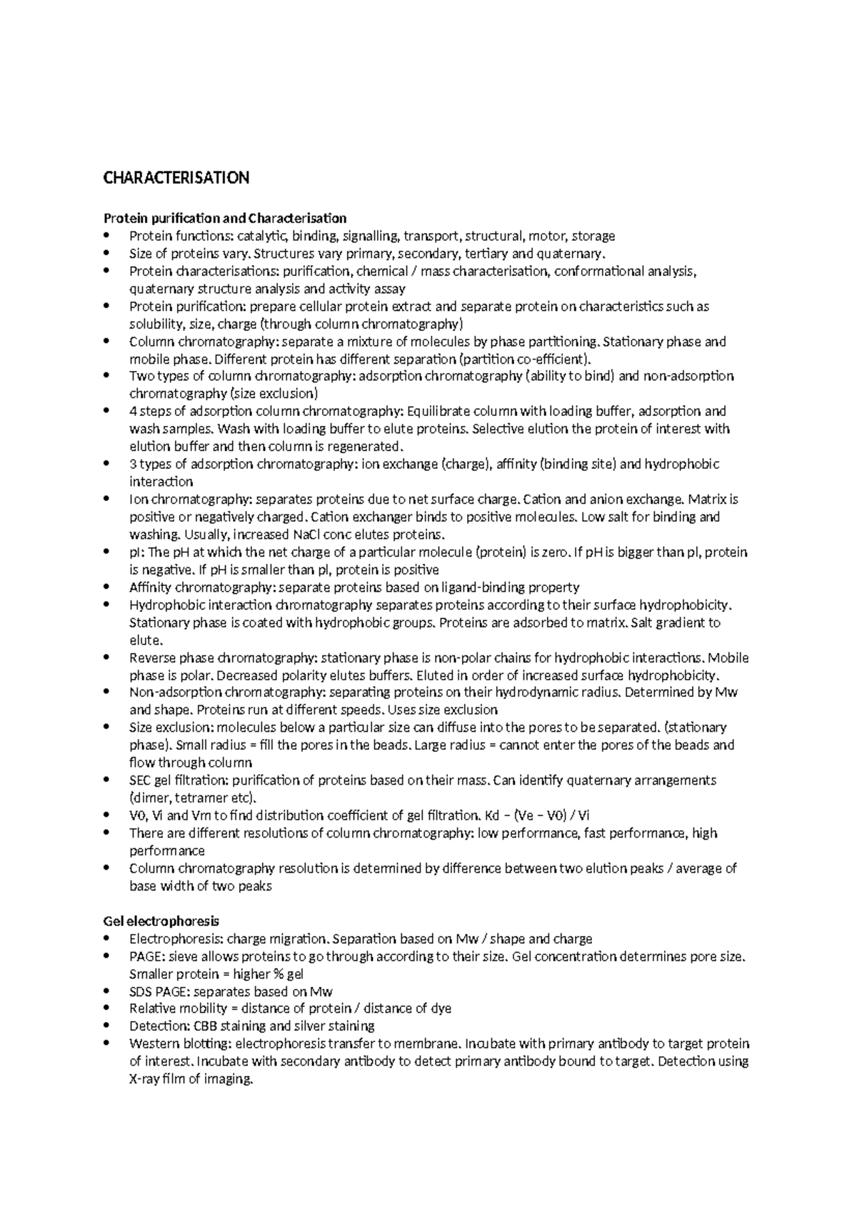 Protein Characterisation Short Notes for Course BIO101 - Studocu