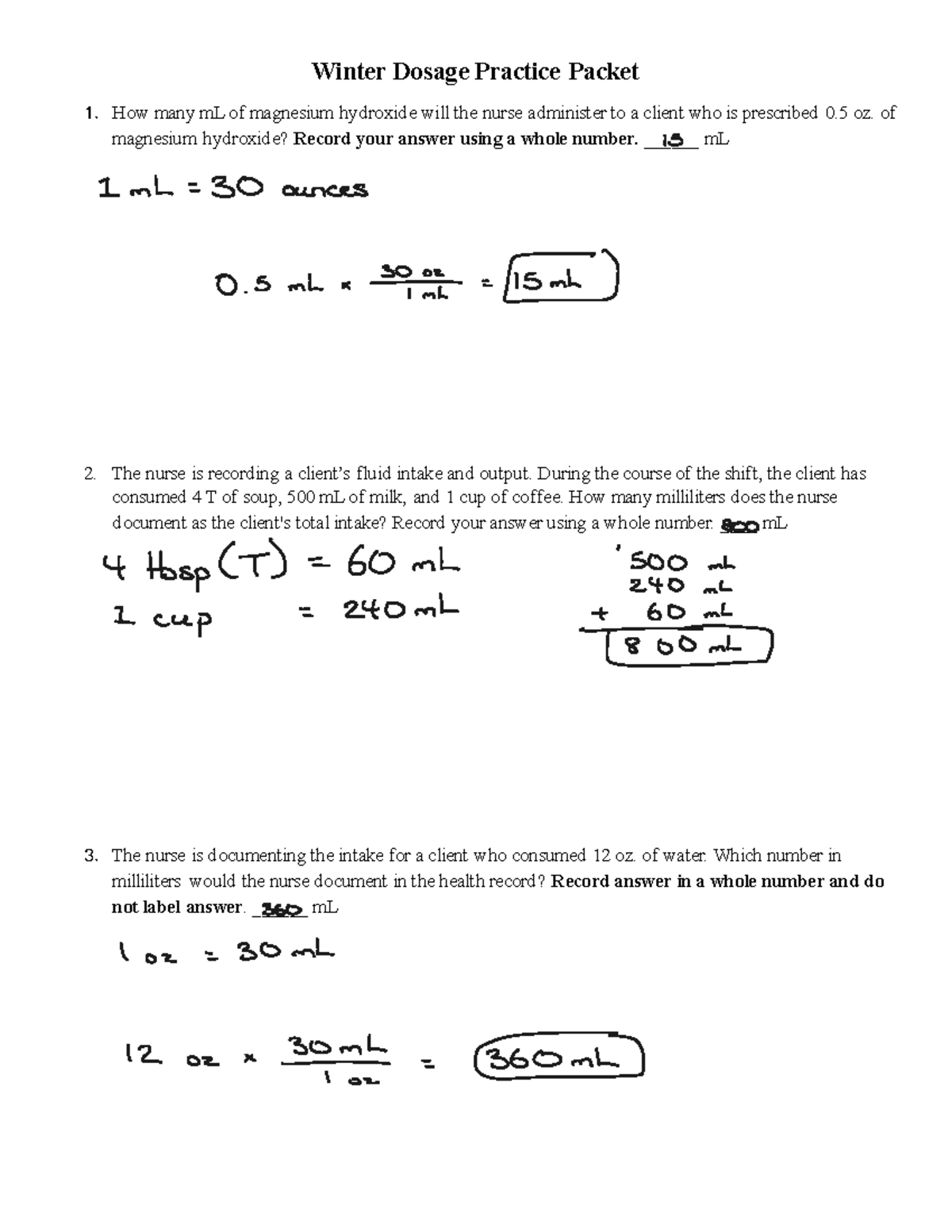 Winter Dosage Practice Packet: Medication Calculation Exercises - Studocu