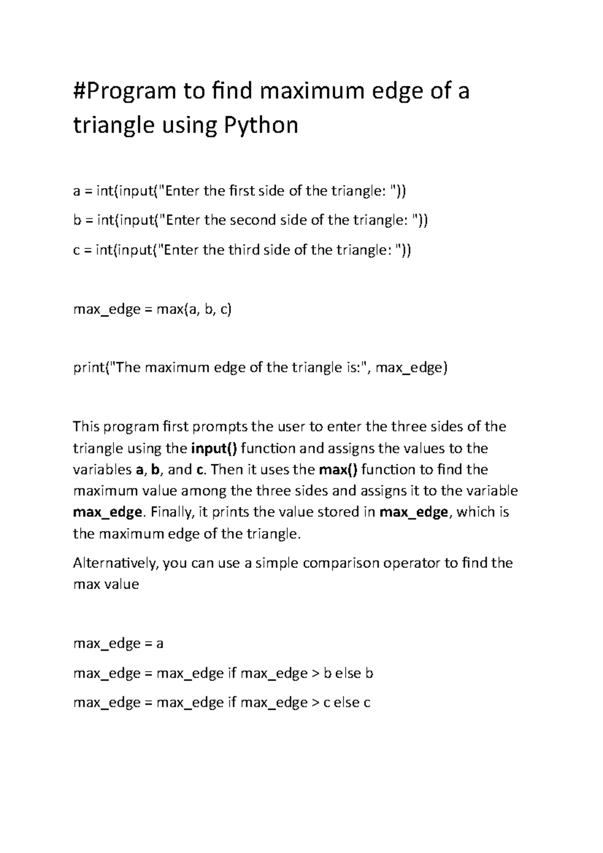 Max Edge of a Triangle - Python Program Guide - Studocu