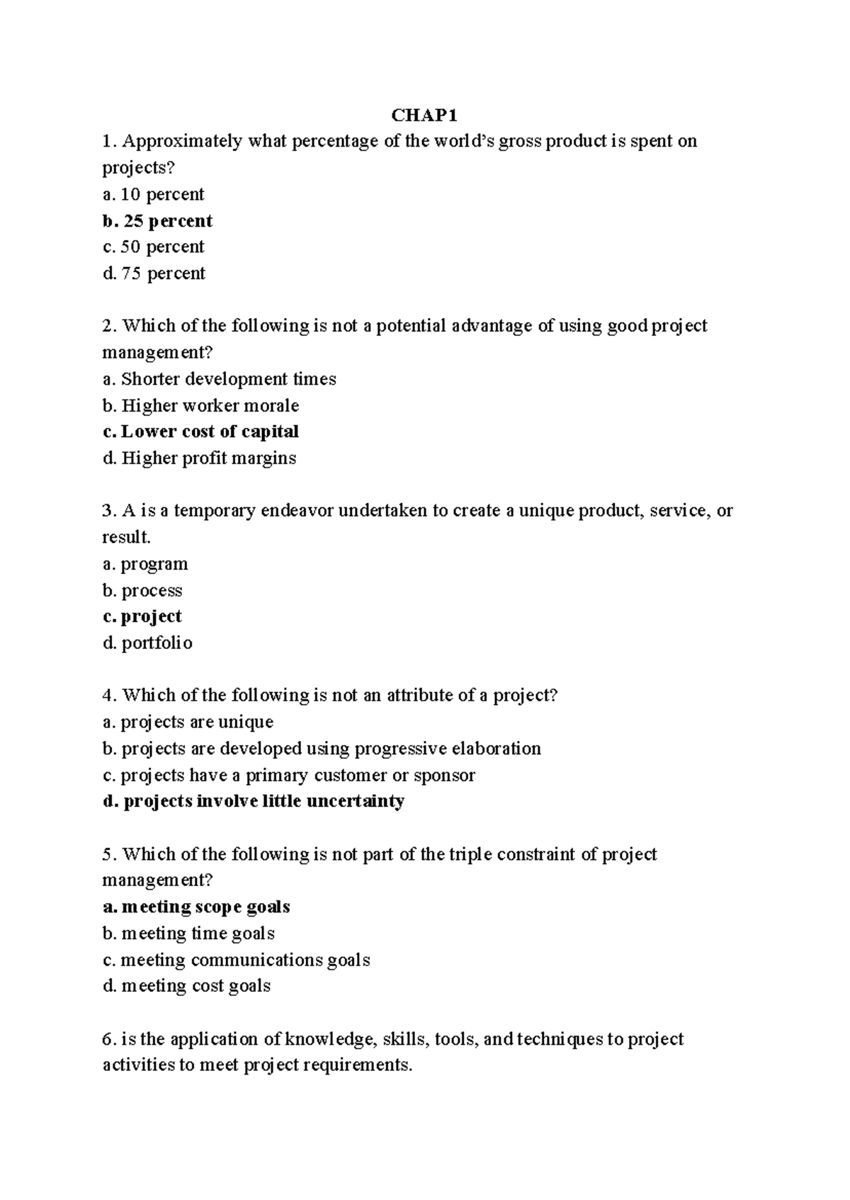CHAP1-7 Project Management Quiz Questions and Answers - Studocu