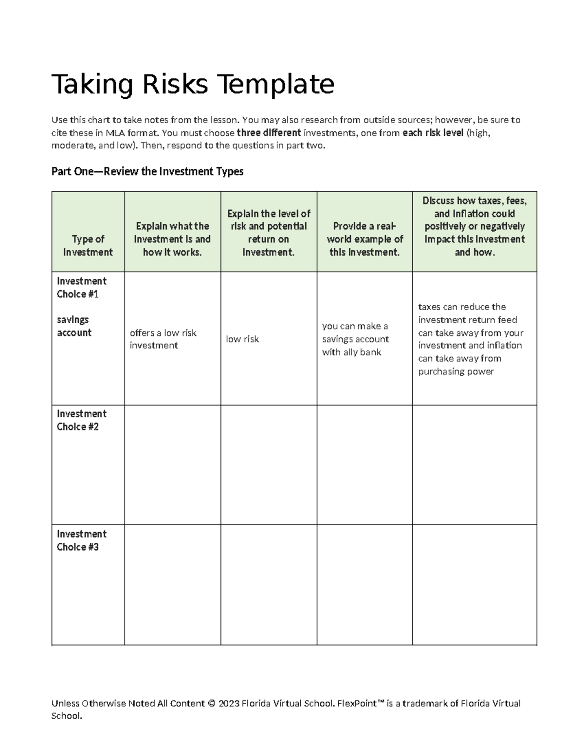 Personal Finance FLVS: Taking Risks in Investments Guide - Studocu