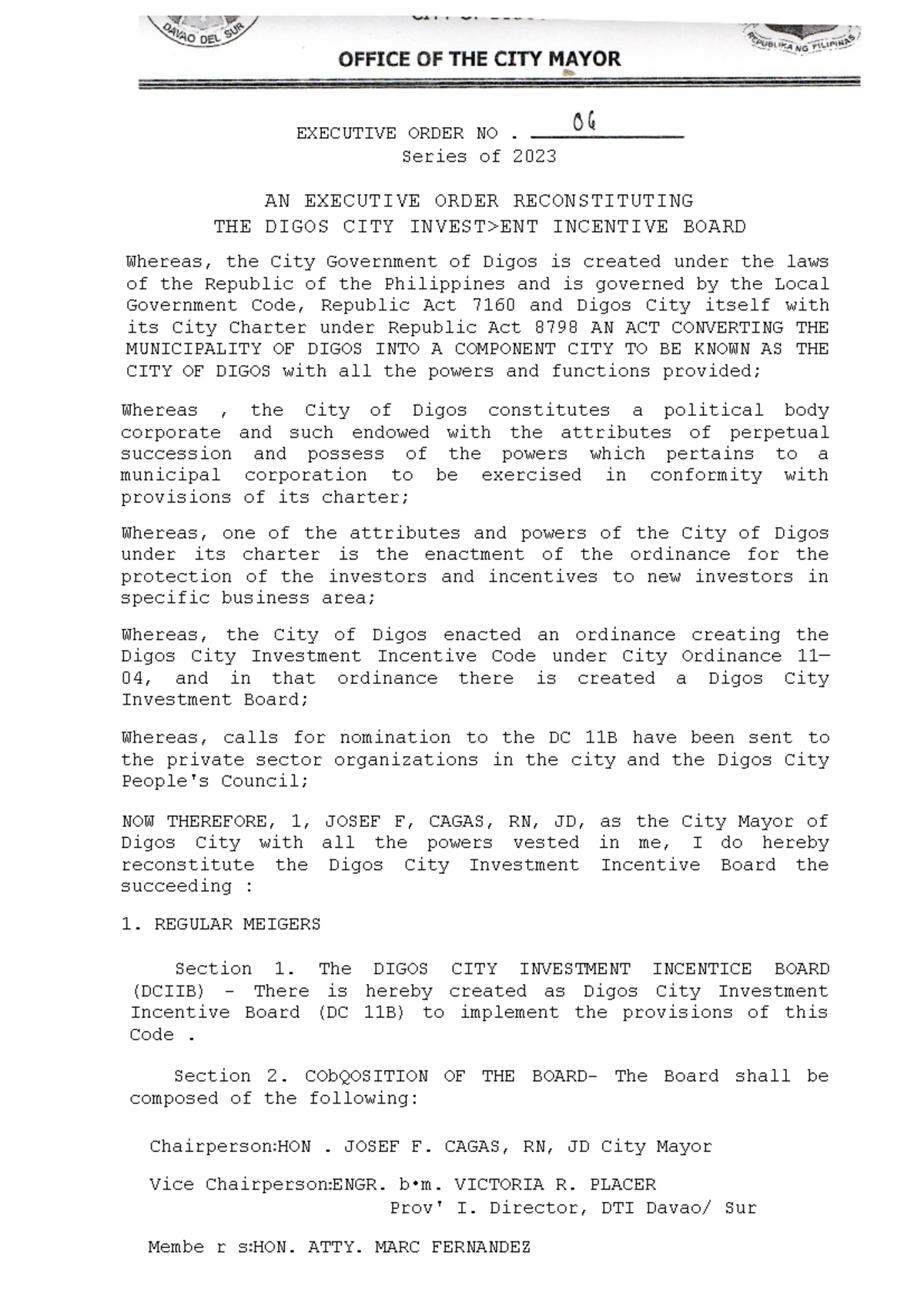 Executive Order No. 2023: Reconstitution of the Digos City Incentive ...