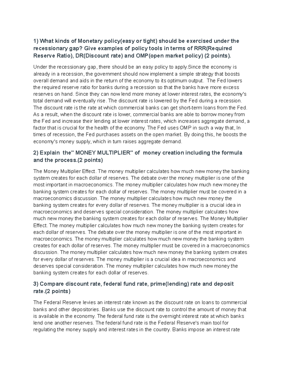 Monetary Policy Analysis and Money Multiplier Concepts - Hw #4 - Studocu