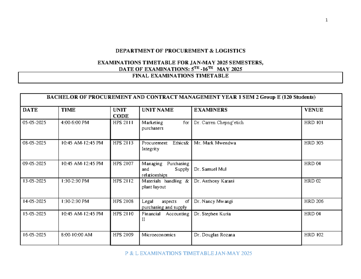 2025 Final Exam Timetable for Bachelor of Procurement & SCM Students ...
