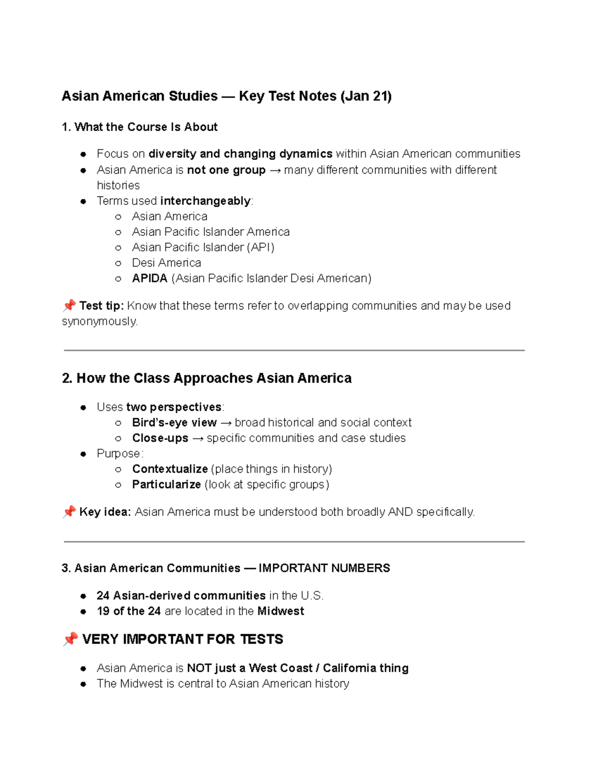 Asian American Studies - Key Test Notes (Jan 21) - Studocu