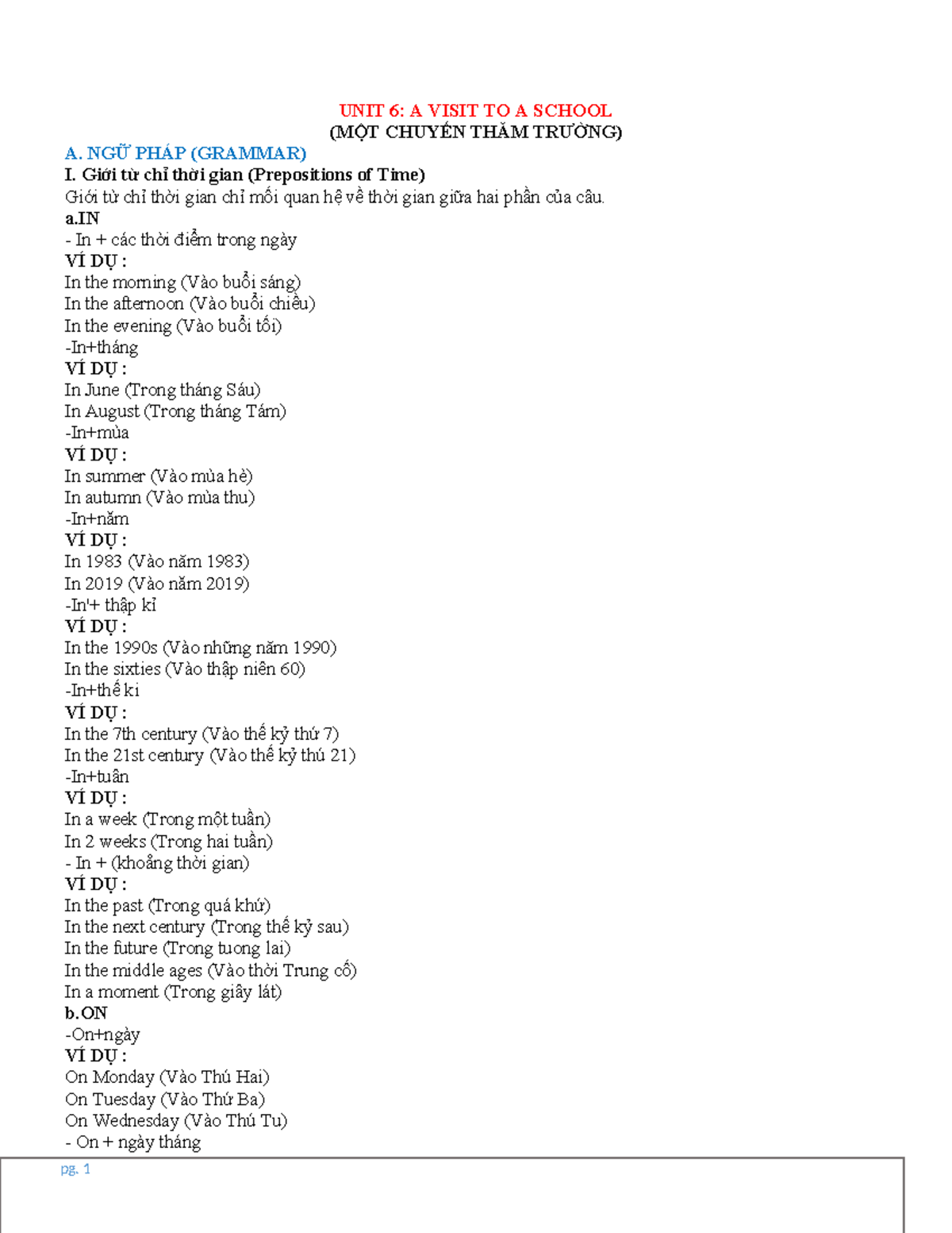 UNIT 6: A VISIT TO A SCHOOL - GRAMMAR EXERCISES (TÀI LIỆU TIẾNG ANH 7 ...