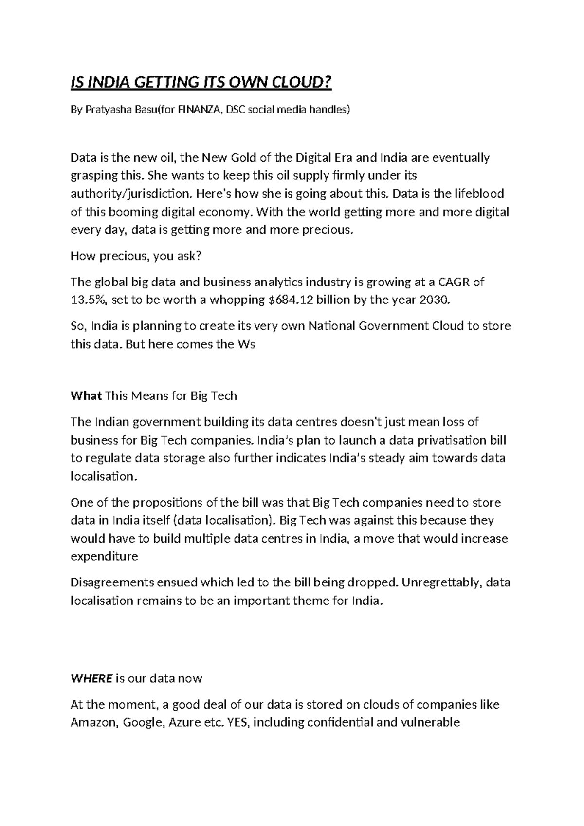 IS India Establishing Its Own Cloud? Insights for FINANZA - Studocu