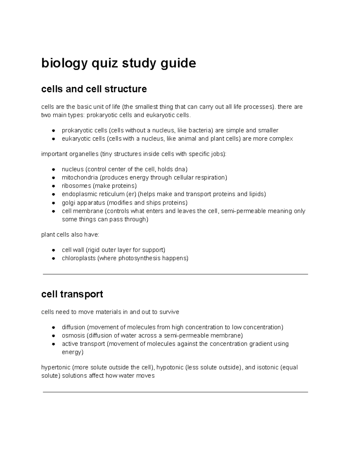 Biology Quiz Study Guide: Cells, Structures, and Functions - Studocu