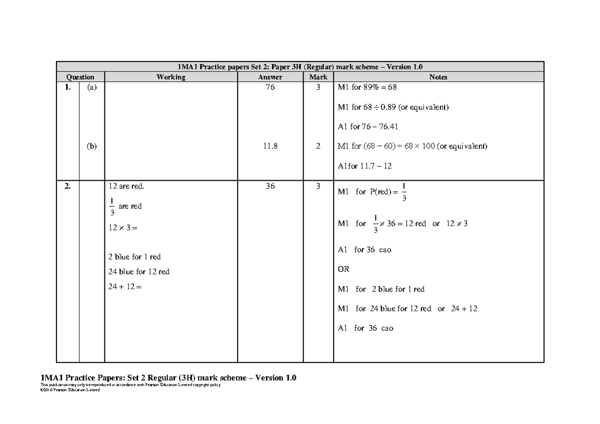 1MA1 Practice Papers: Set 2 Paper 3H Mark Scheme Version 1.0 - Studocu