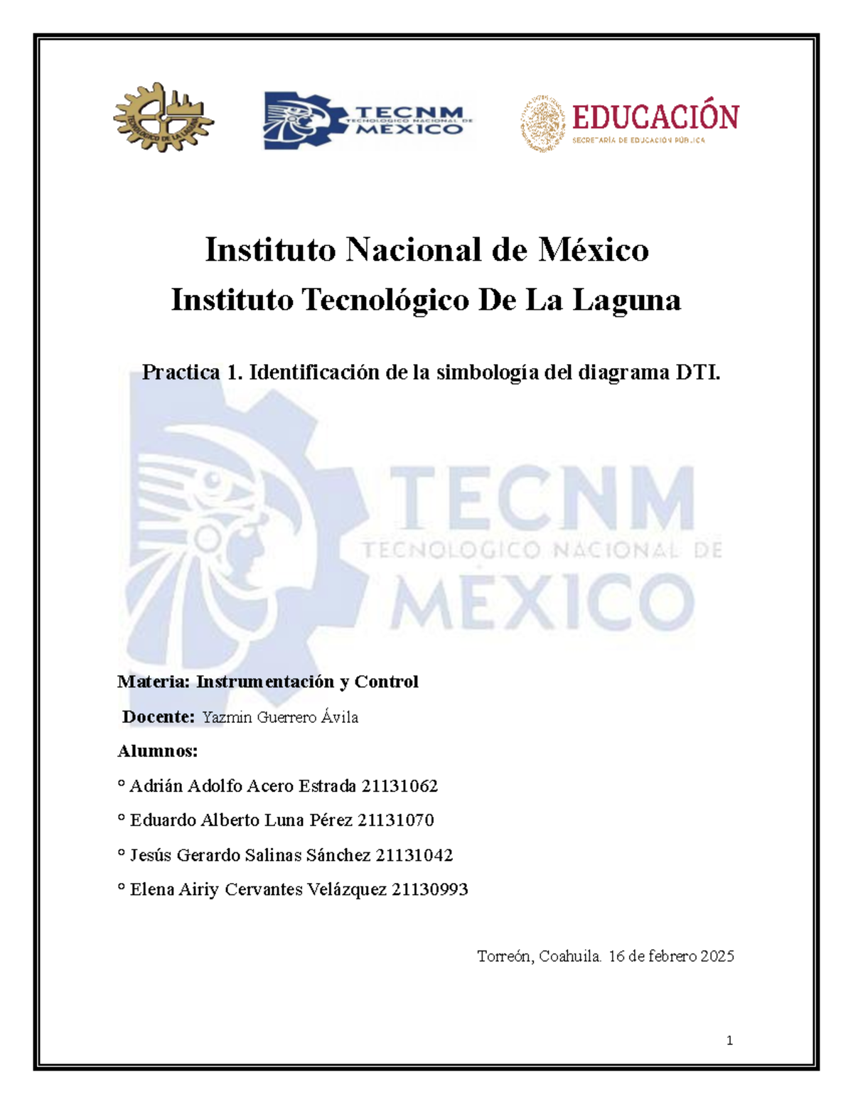 Práctica 1: Identificación de Simbología del Diagrama DTI - Instrumentación y - Document Preview