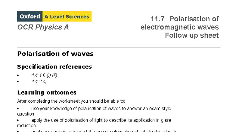Alevel OCR Physics A 11.7 Polarisation of Electromagnetic Waves Follow ...
