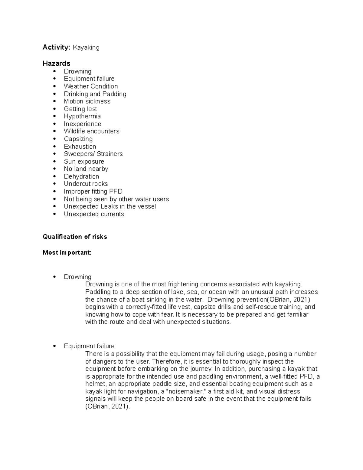 Kayaking Safety Hazards and Risk Management - Assignment 1 - Studocu