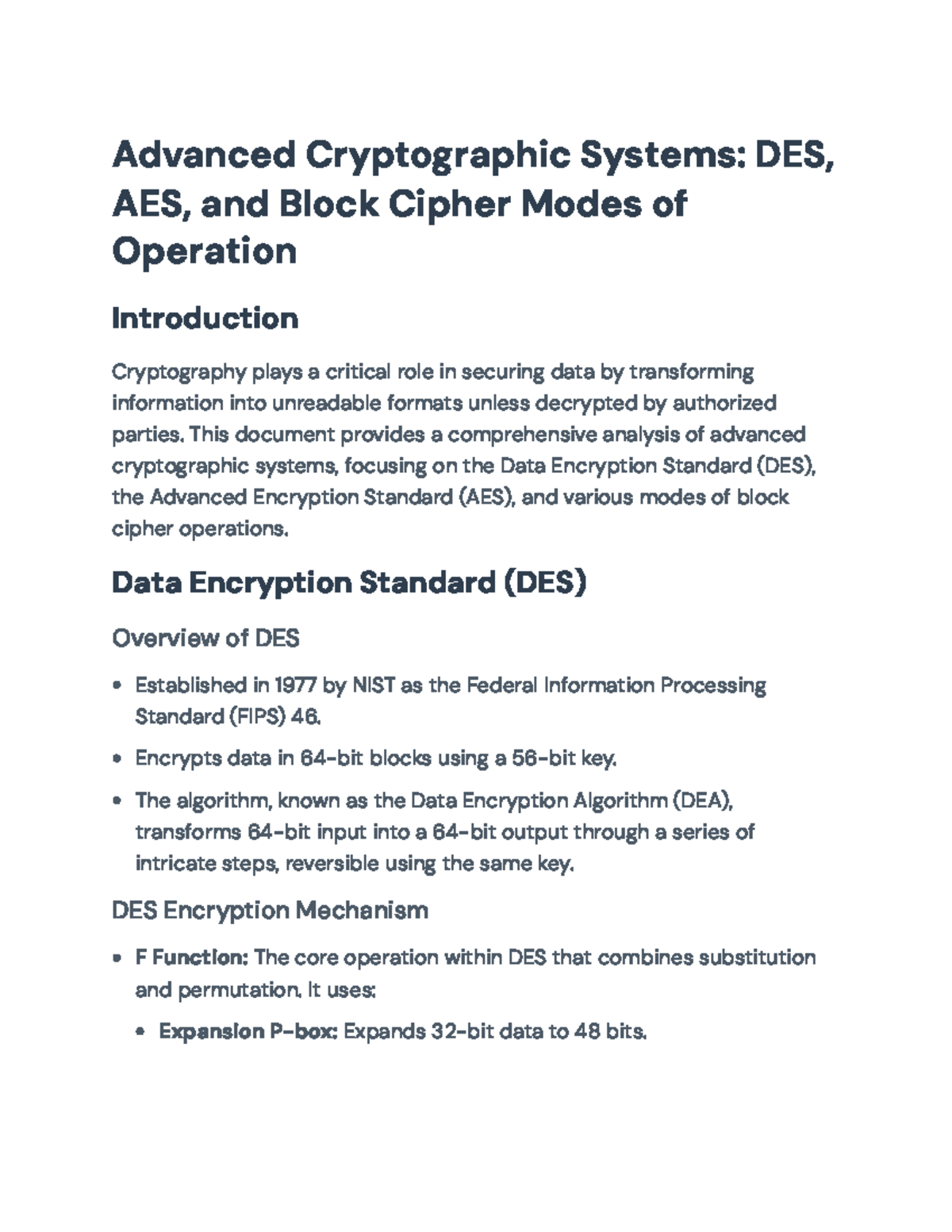 Advanced Cryptographic Systems: Analysis of DES, AES, and Block Modes ...