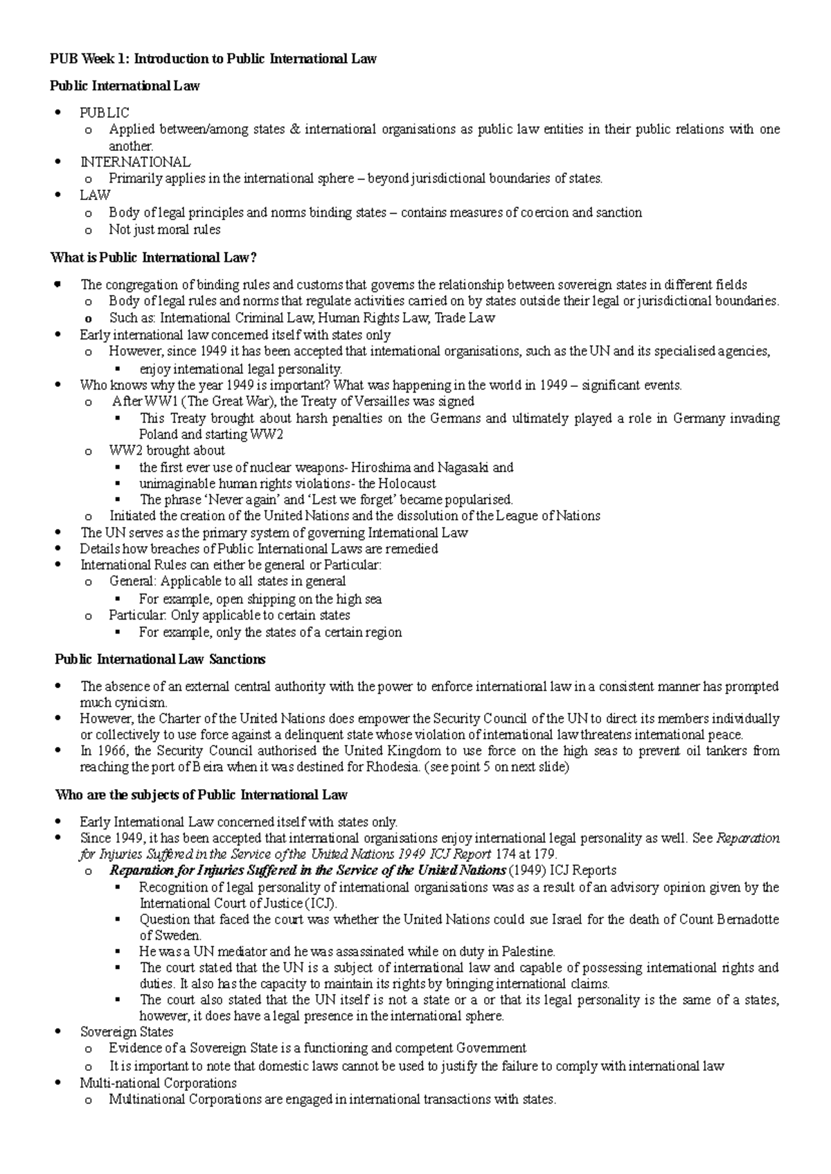 PUB 101: Intro to Public International Law - Week 1 Overview - Studocu