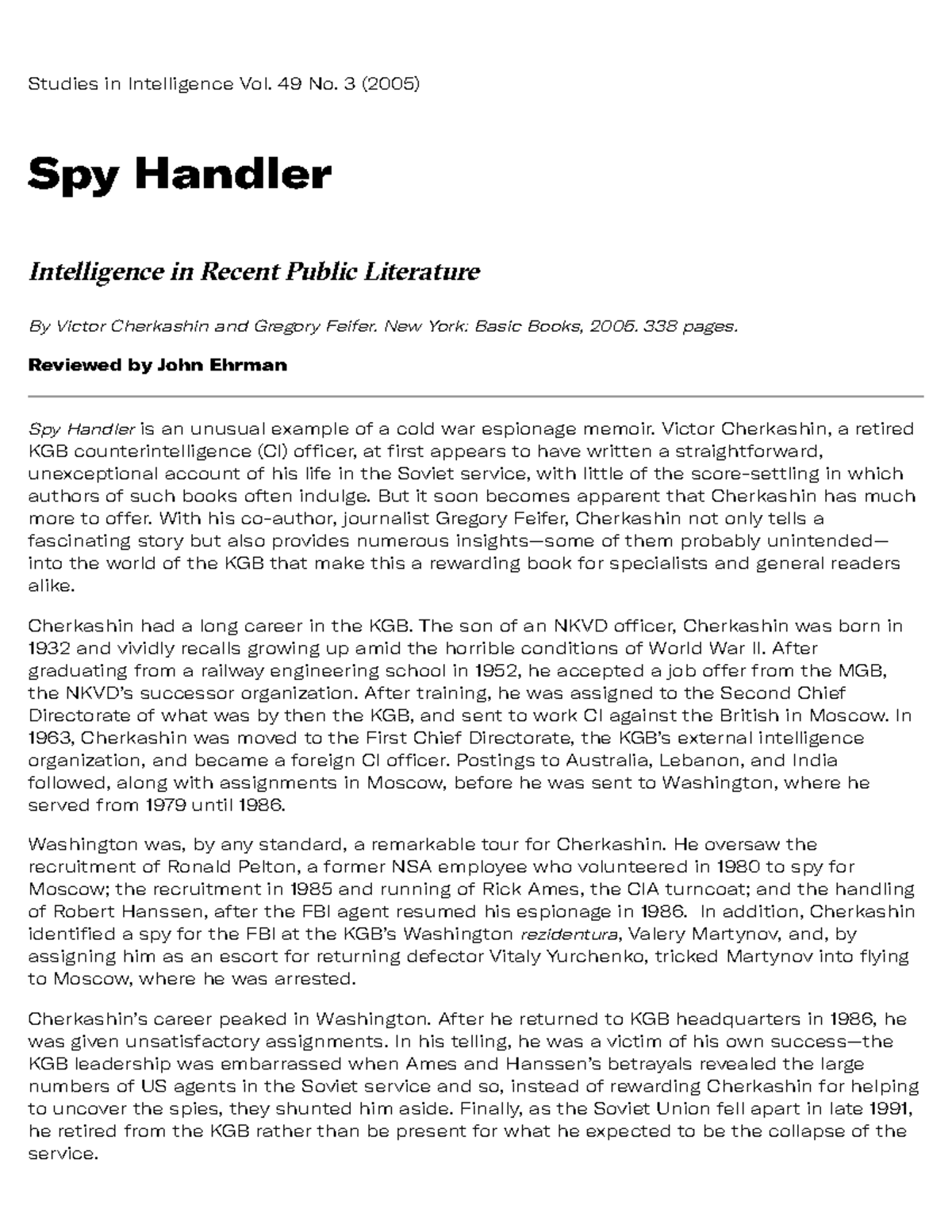 Spy Handler: Insights into KGB Operations and Espionage Memoirs - Studocu