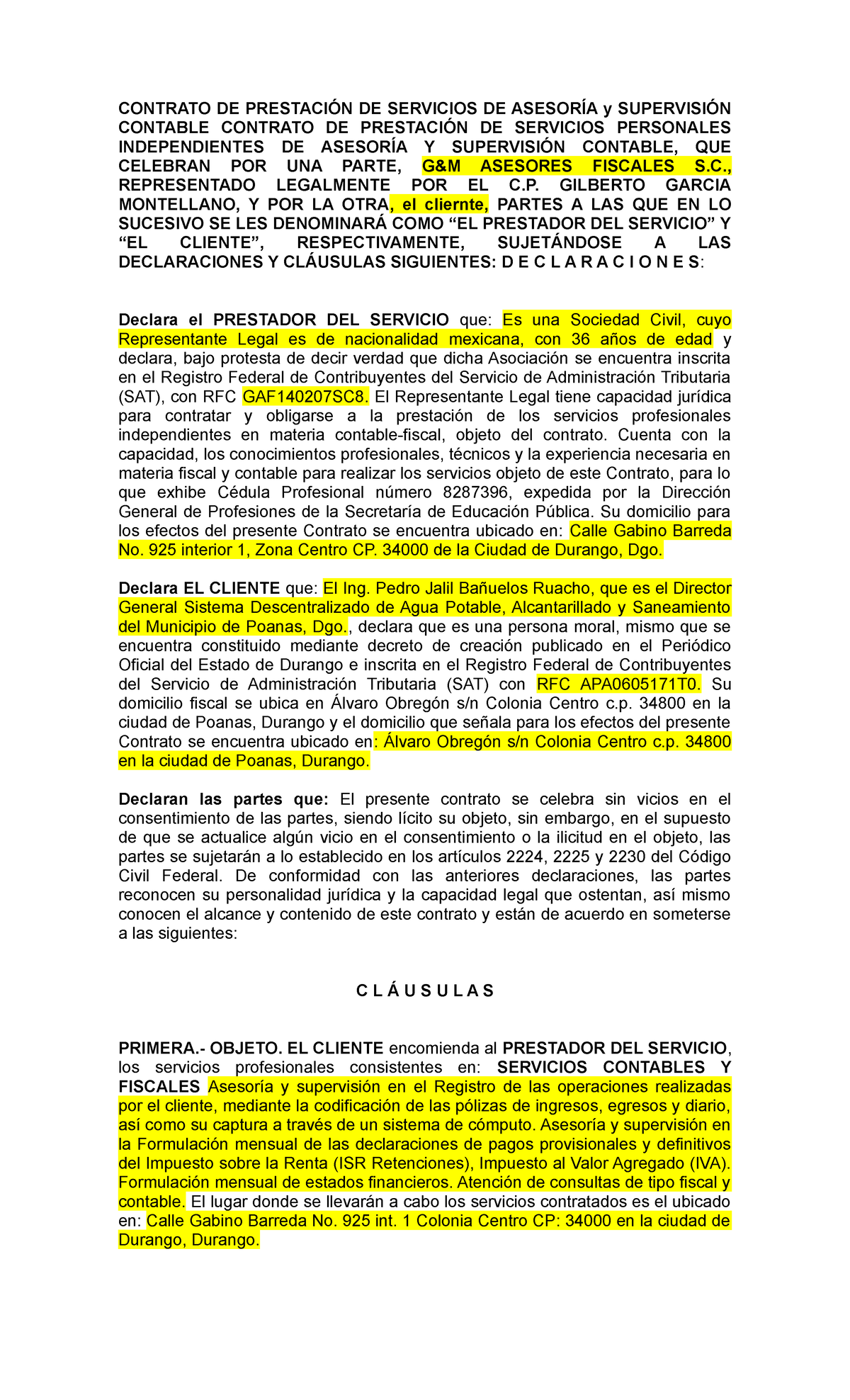 Contrato de Prestación de Servicios de Asesoría y Supervisión Contable ...