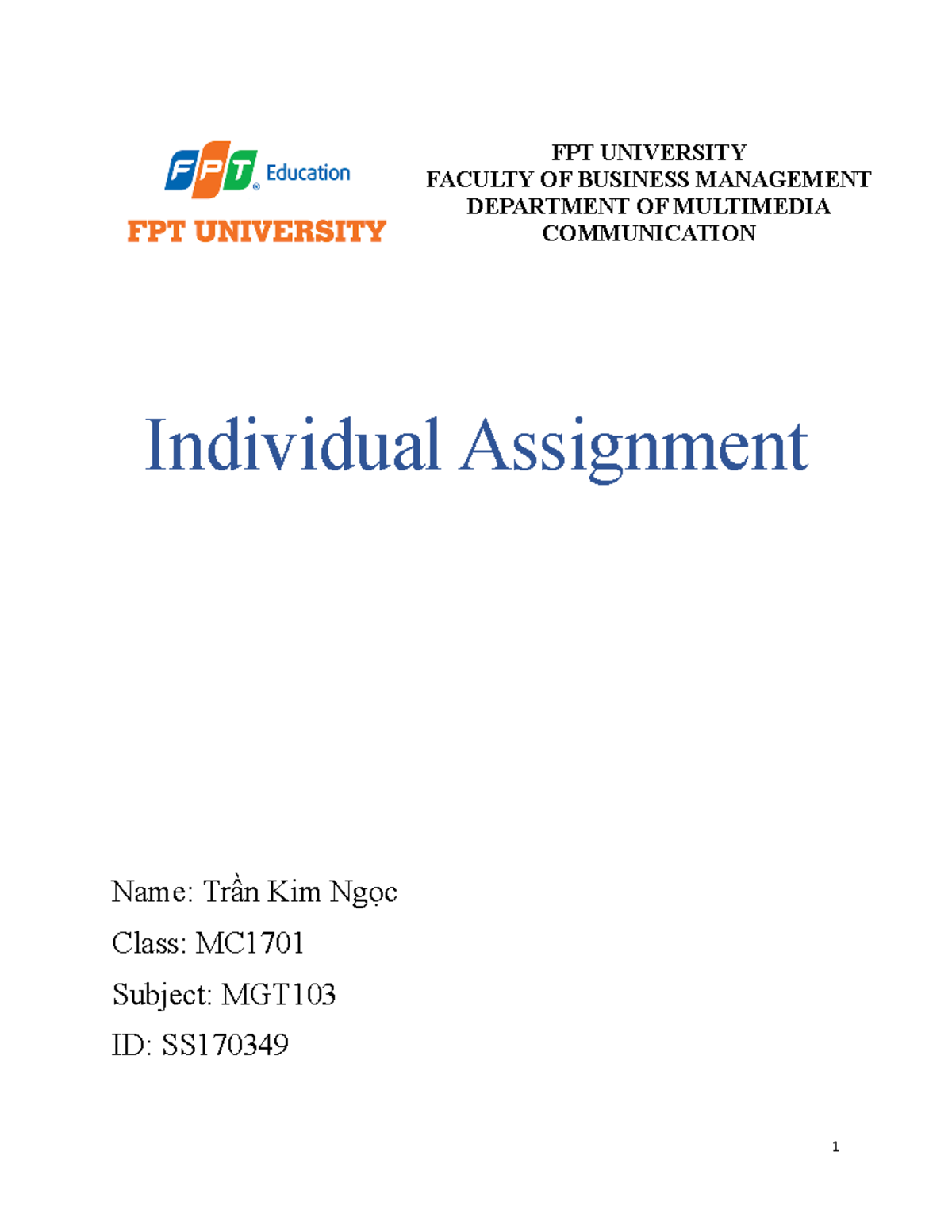 Individual Assignment real-life managers interview - FPT UNIVERSITY ...