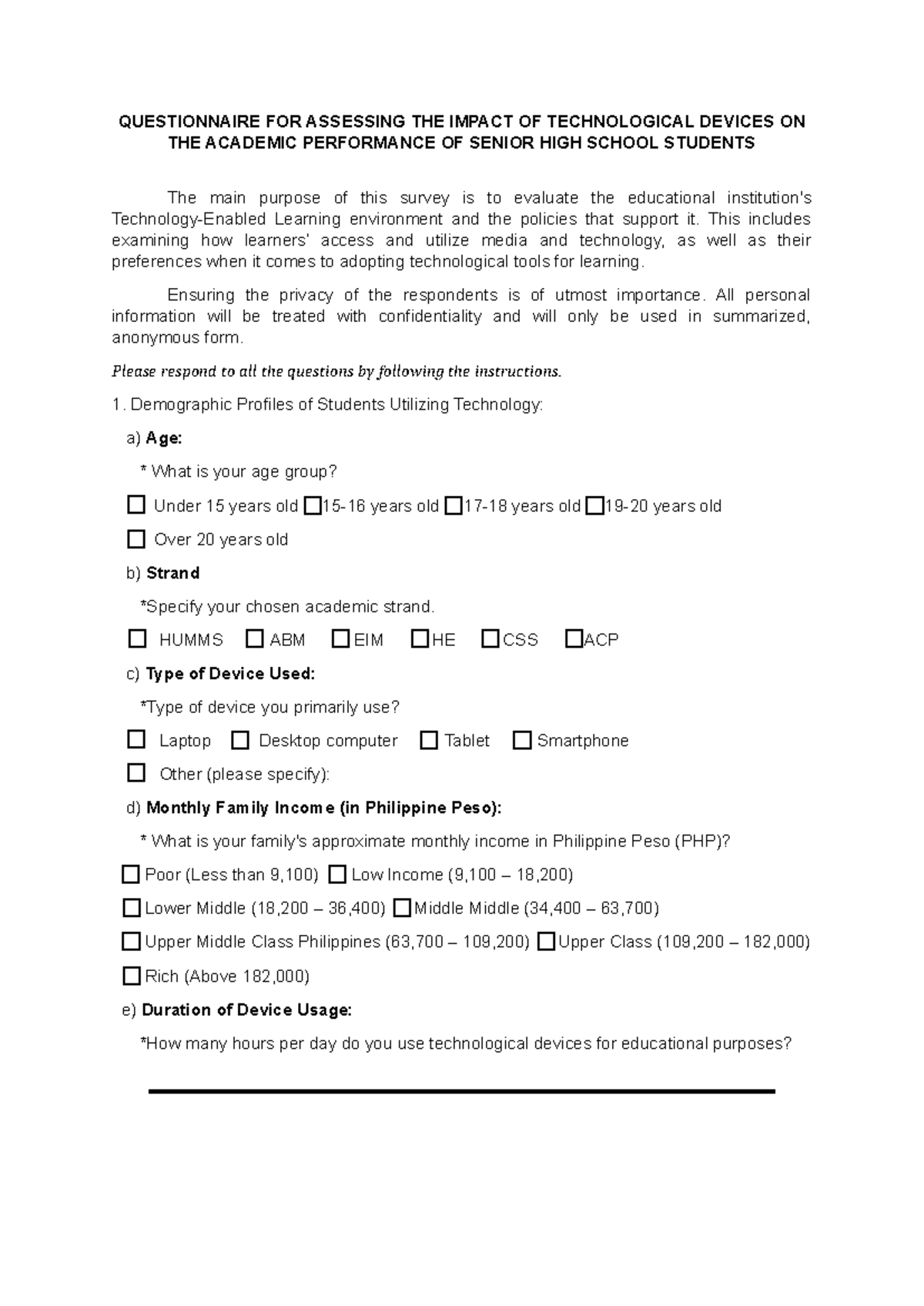 Survey Questionnaire: Impact of Tech Devices on Senior High Performance ...