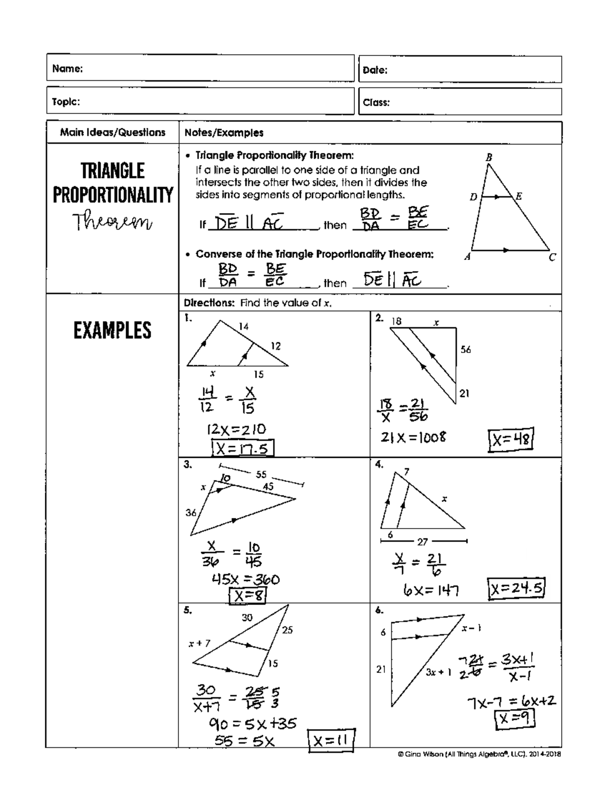 Unit 6: Homework on Main Triangle Proportionality Theorem and Similar ...