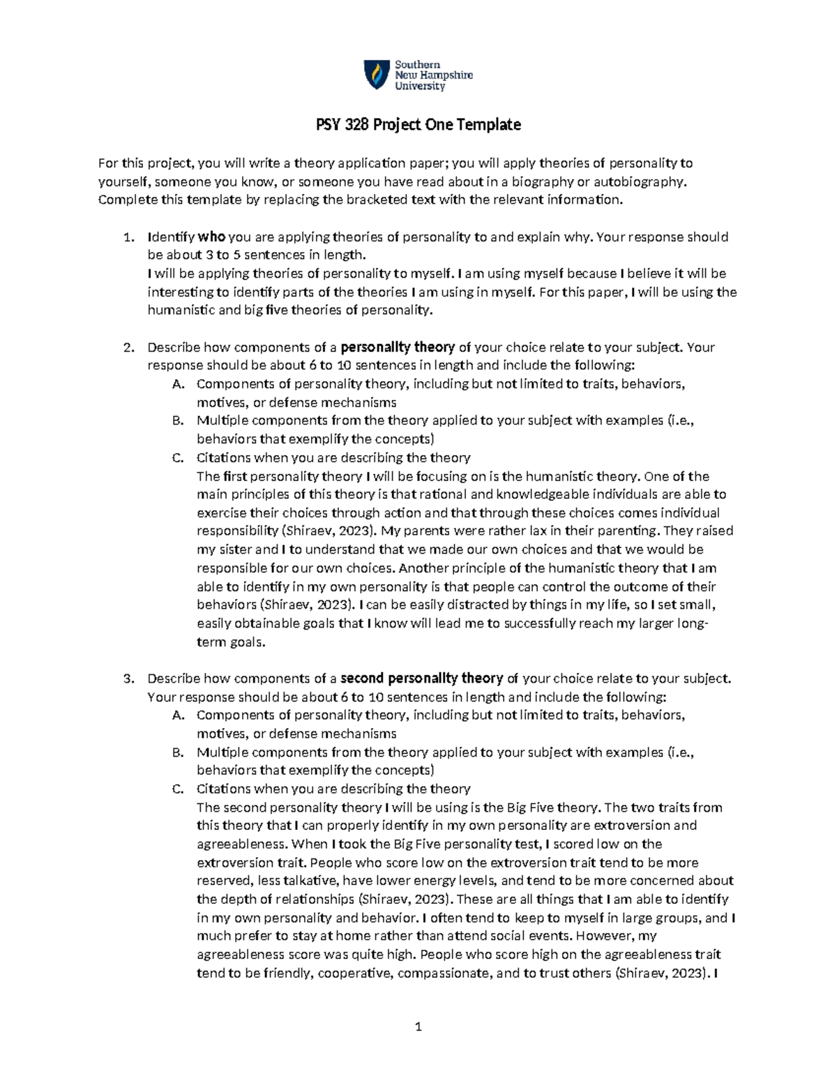 PSY 328 Theory Application Project: Personality Analysis Template - Studocu