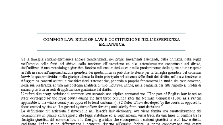 COMMON LAW, RULE OF LAW E COSTITUZIONE BRITANNICA: RIASSUNTO MANUALE - Document Preview