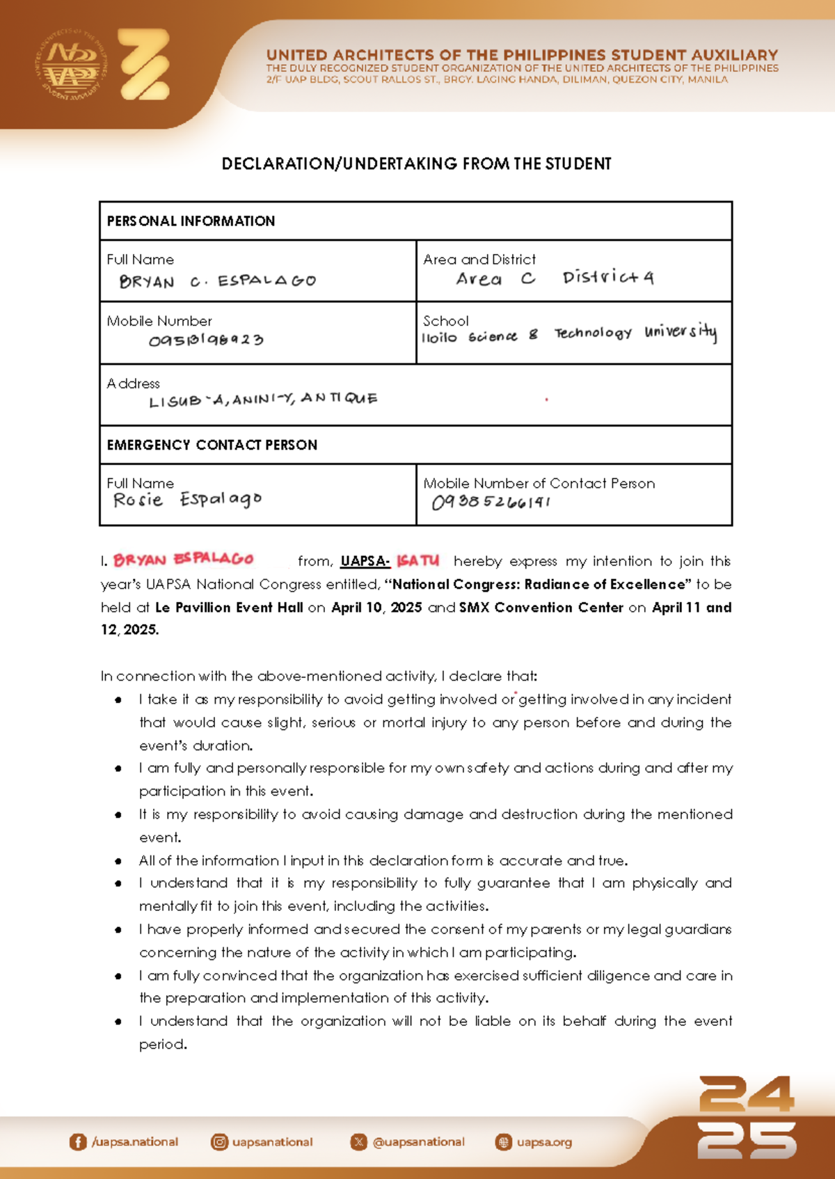 UAPSA National Congress 2025: Declaration Form Template - Studocu