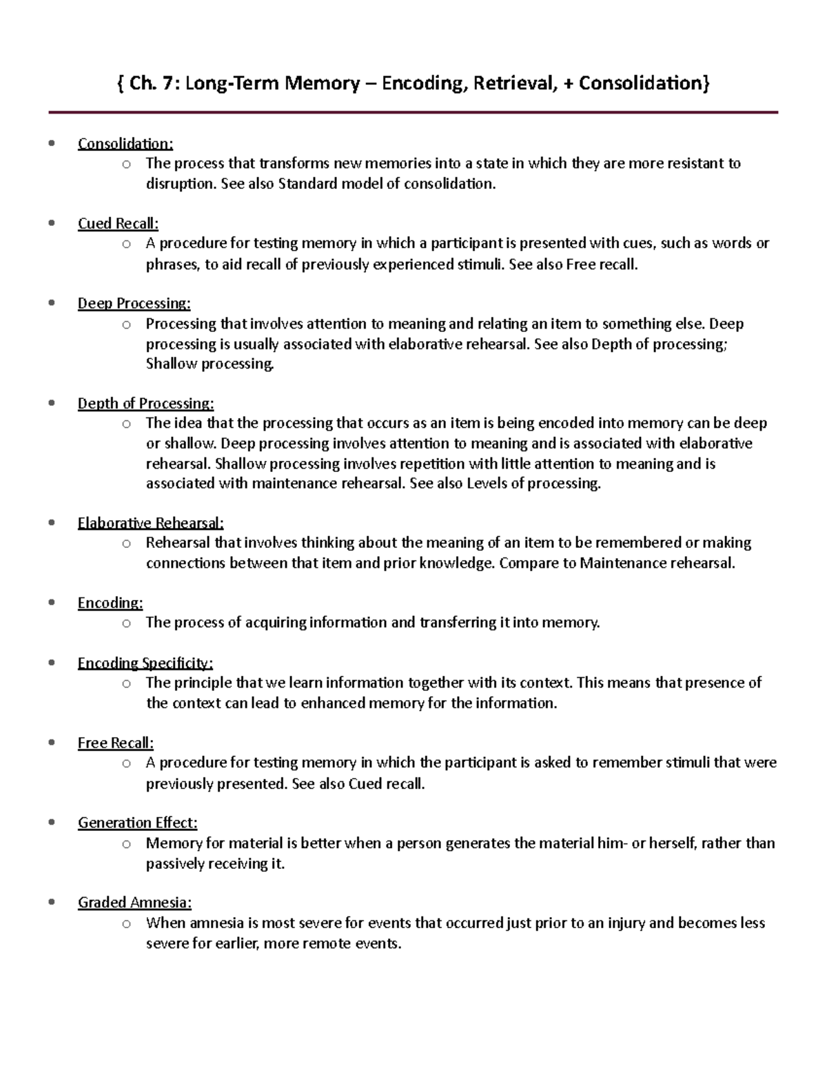 Ch7 LTM Key Terms & Definitions - Memory Encoding & Retrieval Summary ...
